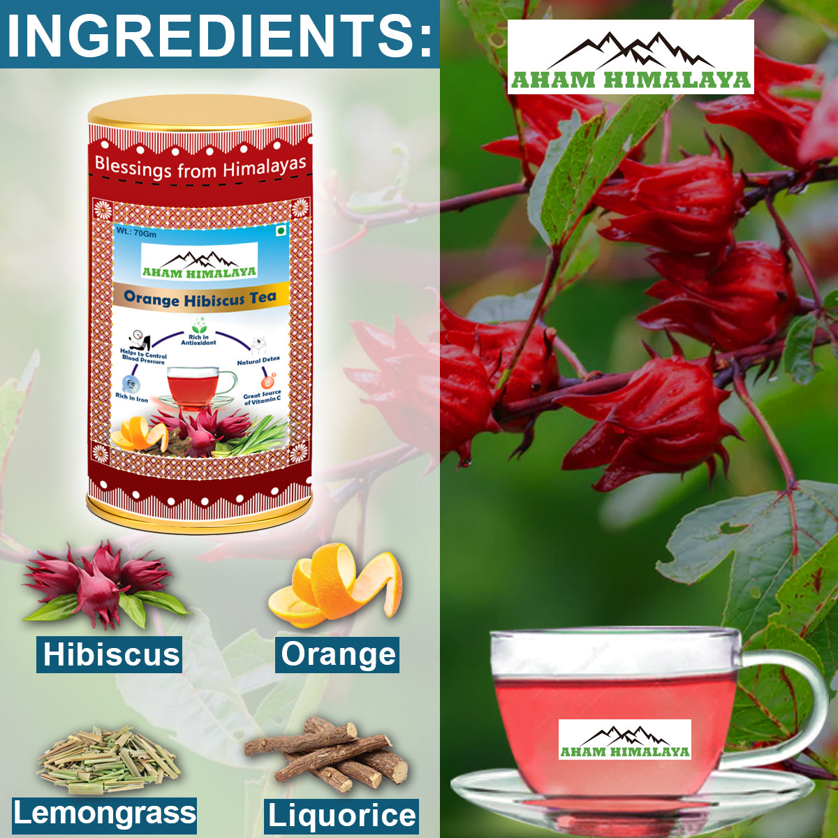 AHAM HIMALAYA Orange Hibiscus Flower Tea| Roselle Tea| Caffeine Free| Good for Skin| 70gm