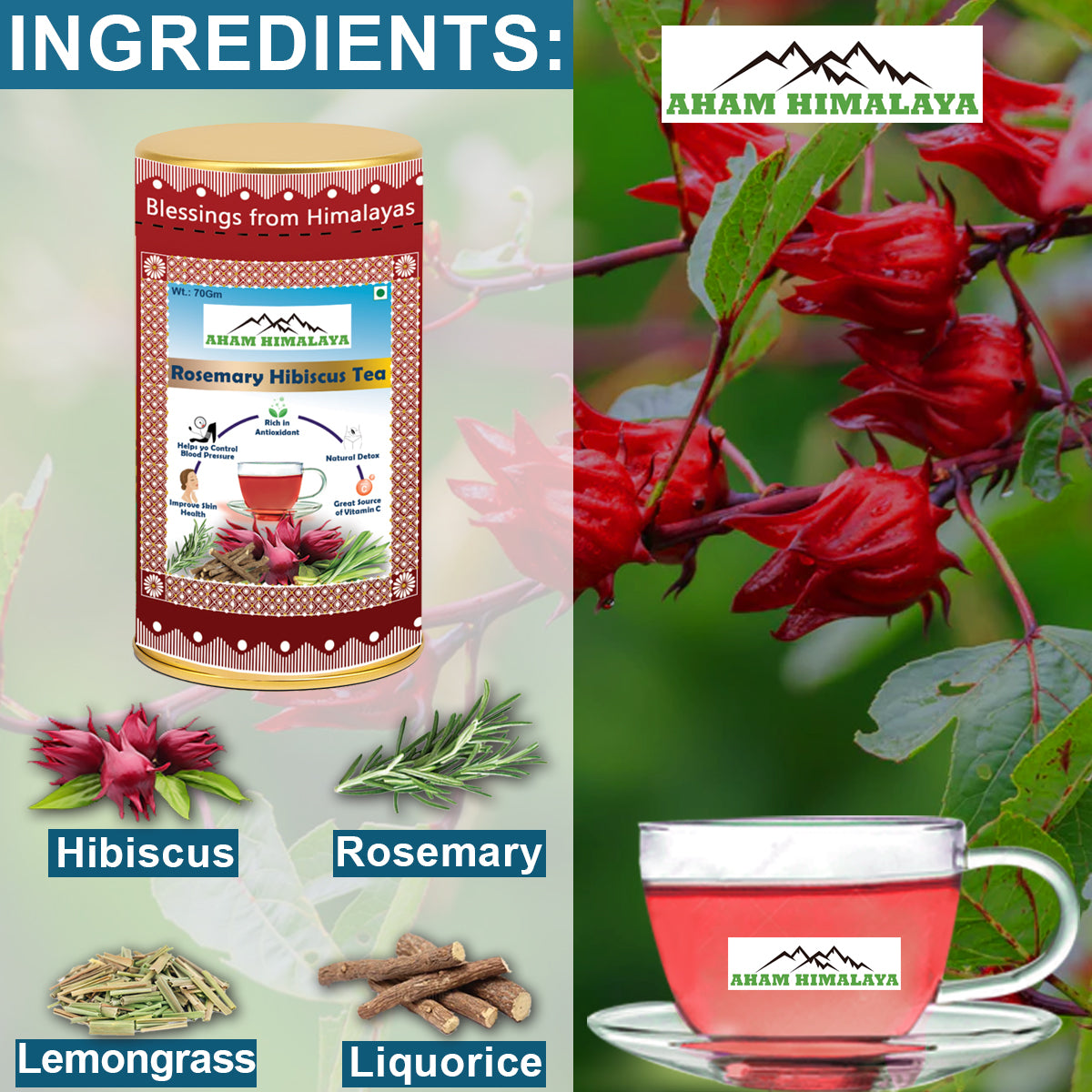 AHAM HIMALAYA Rosemary Hibiscus Flower Tea| Roselle Tea| Good for Heart Health| Caffeine Free| 70Gm
