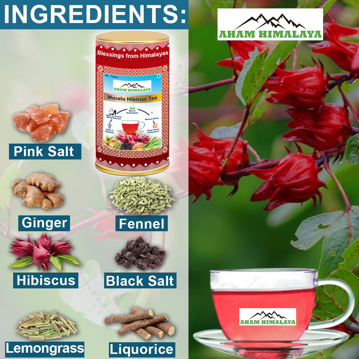 AHAM HIMALAYA Masala Hibiscus Tea/Roselle Tea| Caffeine Free Tea| Tea for Glowing Skin| 70gm