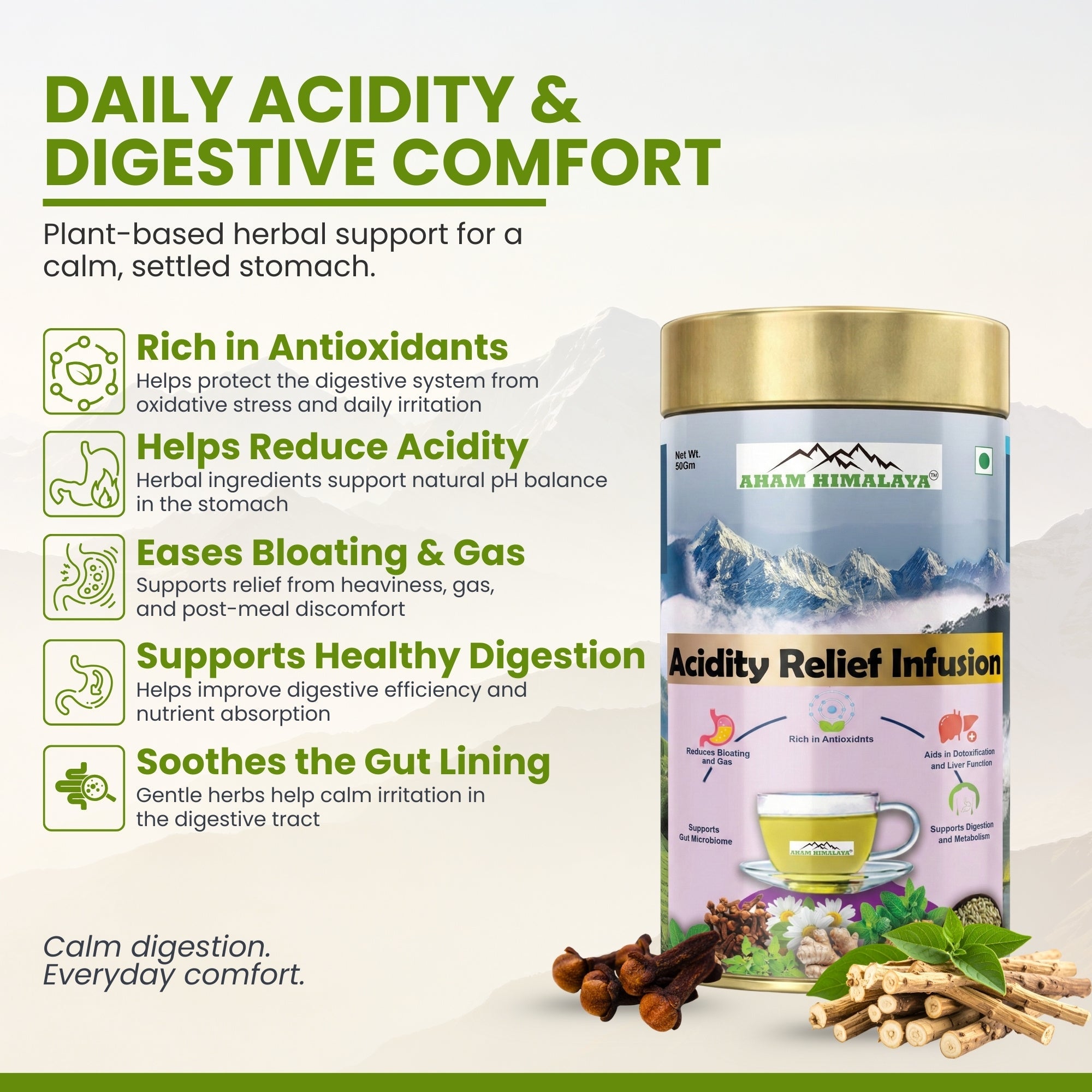 Aham Himalaya Acidity Relief Herbal Tea | Gas & Acidity Control Tea with Ashwagandha, Chamomile, Ginger, Tulsi & Peppermint | Supports Digestion, Reduces Bloating & Heartburn | Ayurvedic Herbal Infusion | 70g - Natural Organic Himalayan Products