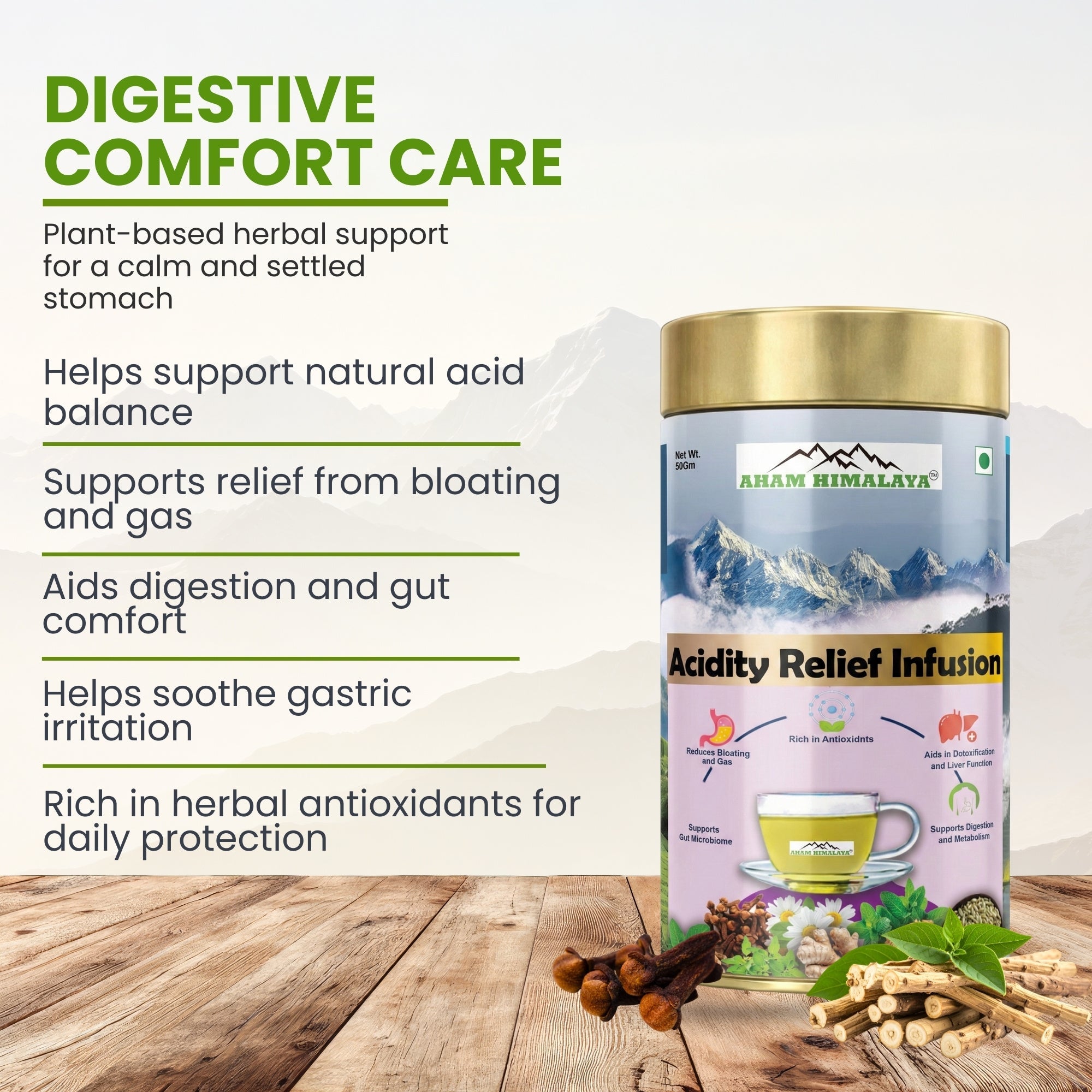 Aham Himalaya Acidity Relief Herbal Tea | Gas & Acidity Control Tea with Ashwagandha, Chamomile, Ginger, Tulsi & Peppermint | Supports Digestion, Reduces Bloating & Heartburn | Ayurvedic Herbal Infusion | 70g - Natural Organic Himalayan Products