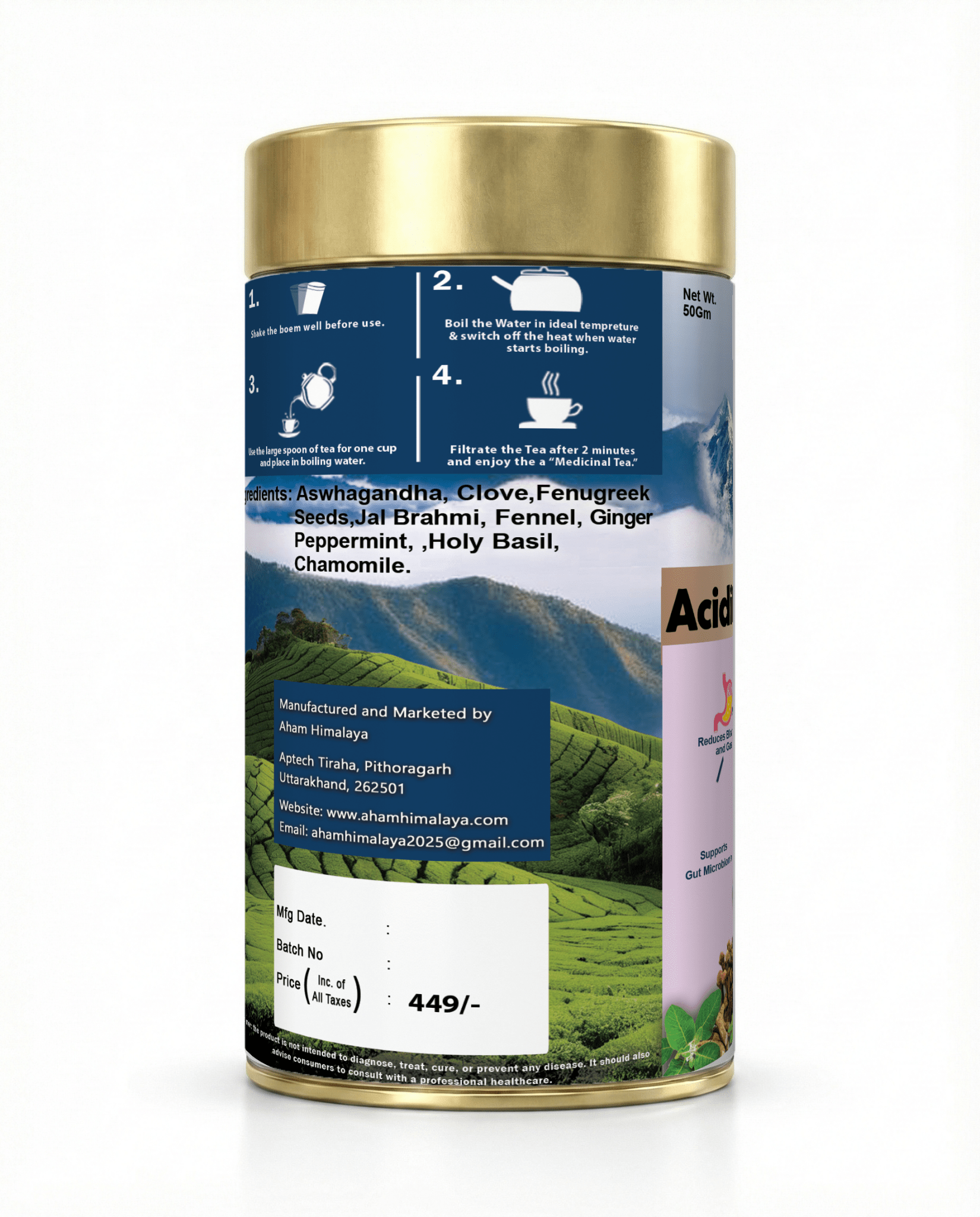Aham Himalaya Acidity Relief Herbal Tea | Gas & Acidity Control Tea with Ashwagandha, Chamomile, Ginger, Tulsi & Peppermint | Supports Digestion, Reduces Bloating & Heartburn | Ayurvedic Herbal Infusion | 70g - Natural Organic Himalayan Products