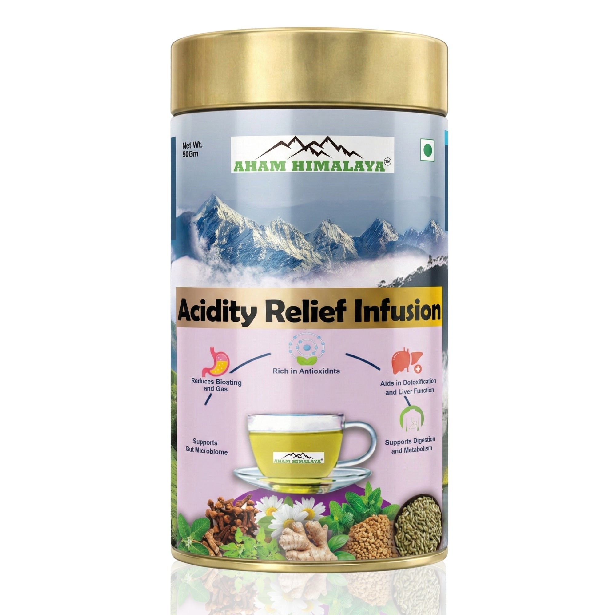 Aham Himalaya Acidity Relief Herbal Tea | Gas & Acidity Control Tea with Ashwagandha, Chamomile, Ginger, Tulsi & Peppermint | Supports Digestion, Reduces Bloating & Heartburn | Ayurvedic Herbal Infusion | 70g - Natural Organic Himalayan Products