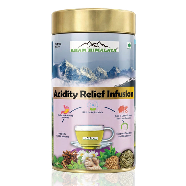 Aham Himalaya Acidity Relief Herbal Tea | Gas & Acidity Control Tea with Ashwagandha, Chamomile, Ginger, Tulsi & Peppermint | Supports Digestion, Reduces Bloating & Heartburn | Ayurvedic Herbal Infusion | 70g - Natural Organic Himalayan Products