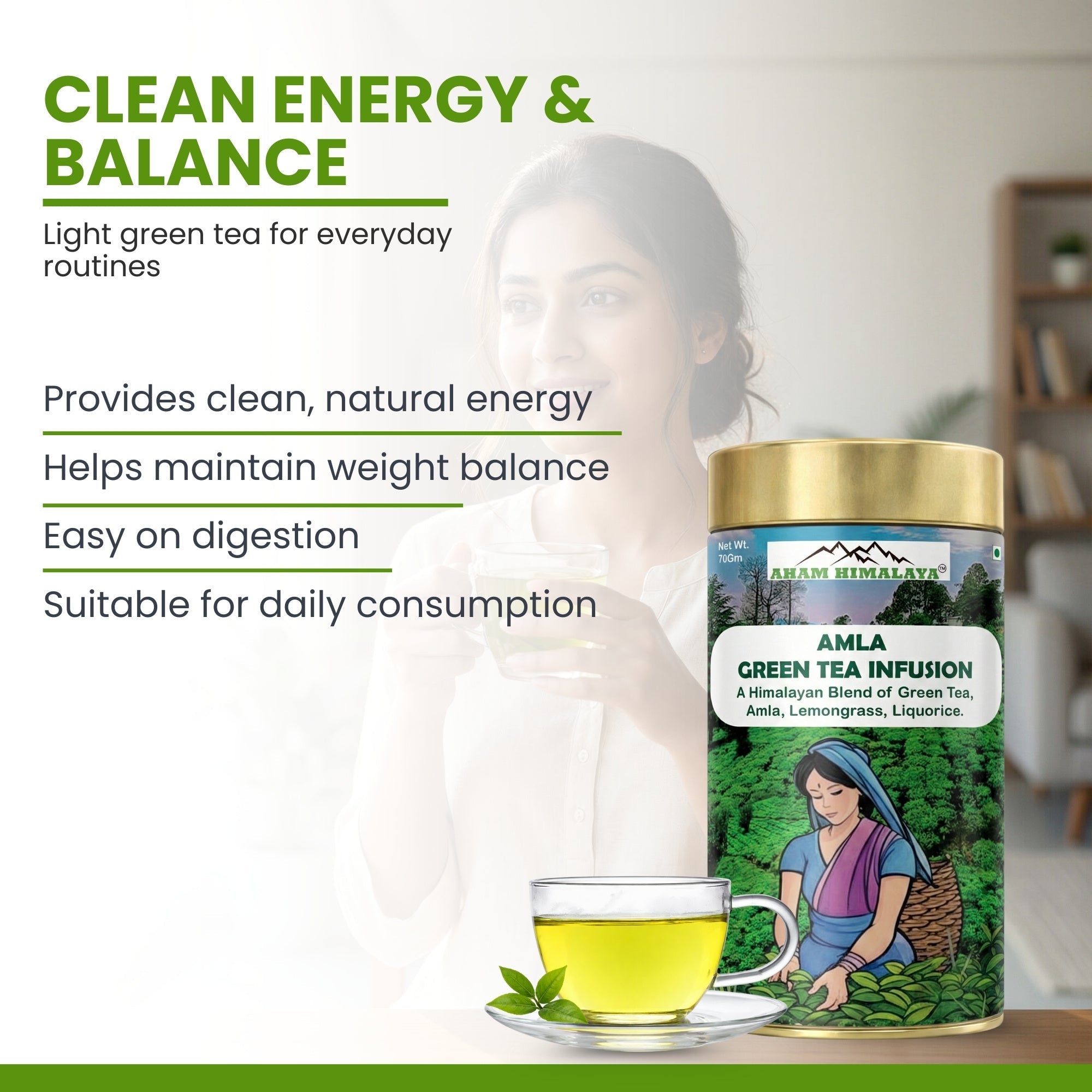 AHAM HIMALAYA Amla Green Tea | Loose Leaf | 70 Gm 50+ Cups (Green Tea, Amla, Lemongrass & Liquorice) | Immunity Tea | Support Weight Loss | Detox Green Tea | Skin Glow Tea| - Natural Organic Himalayan Products