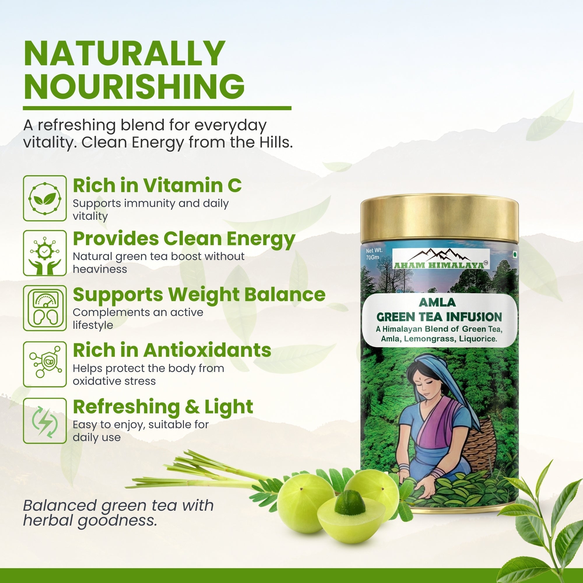 AHAM HIMALAYA Amla Green Tea | Loose Leaf | 70 Gm 50+ Cups (Green Tea, Amla, Lemongrass & Liquorice) | Immunity Tea | Support Weight Loss | Detox Green Tea | Skin Glow Tea| - Natural Organic Himalayan Products