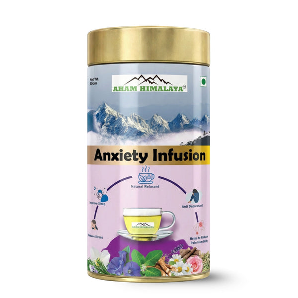 Aham Himalaya Anxiety Relief Herbal Tea | Stress Relief Tea with Blue Pea, Chamomile, Lavender, Ashwagandha & Tulsi | Calming Tea for Relaxation, Better Sleep & Mood Balance | Ayurvedic Herbal Infusion | 70g - Natural Organic Himalayan Products