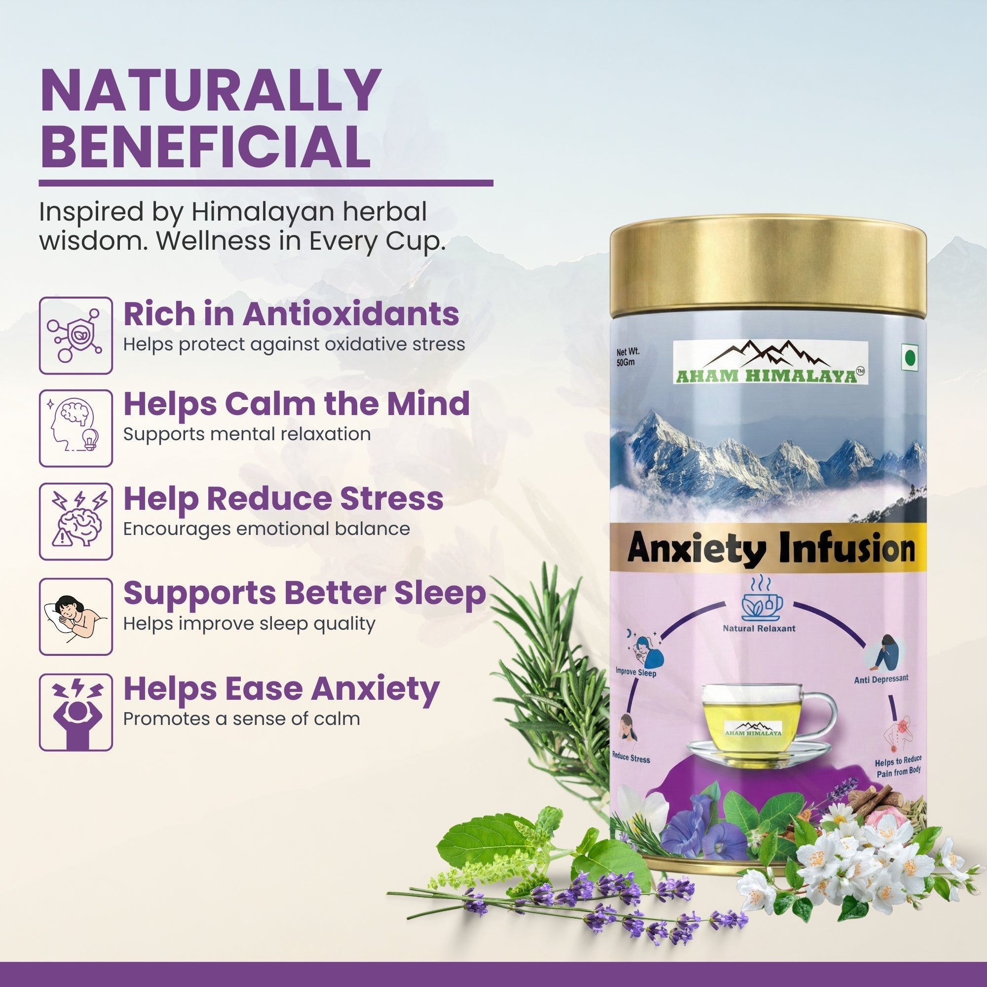 Aham Himalaya Anxiety Relief Herbal Tea | Stress Relief Tea with Blue Pea, Chamomile, Lavender, Ashwagandha & Tulsi | Calming Tea for Relaxation, Better Sleep & Mood Balance | Ayurvedic Herbal Infusion | 70g - Natural Organic Himalayan Products