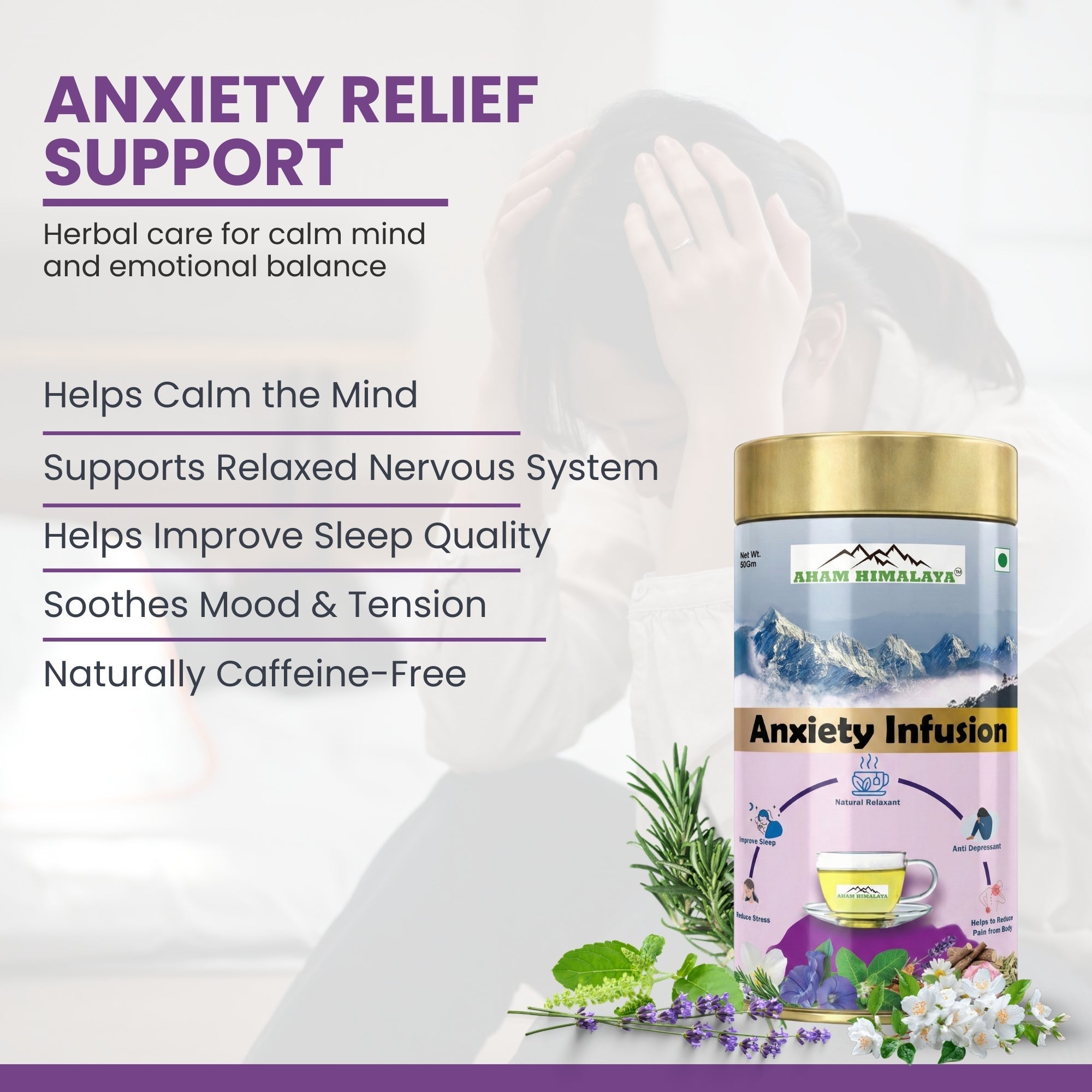 Aham Himalaya Anxiety Relief Herbal Tea | Stress Relief Tea with Blue Pea, Chamomile, Lavender, Ashwagandha & Tulsi | Calming Tea for Relaxation, Better Sleep & Mood Balance | Ayurvedic Herbal Infusion | 70g - Natural Organic Himalayan Products