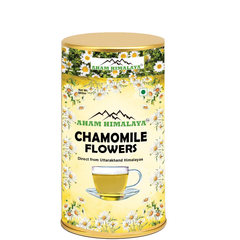AHAM HIMALAYA Chamomile Flowers - 50g Loose Leaf | Pure Whole Chamomile Flowers | Calming Bedtime Herbal Tea | Good Sleep & Stress Relief | Caffeine - Free | Premium Tin Caddy | Herbal Infusion - Natural Organic Himalayan Products