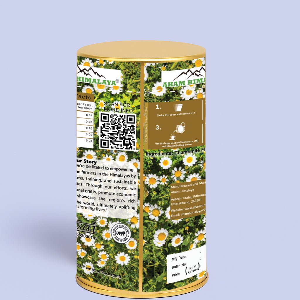 AHAM HIMALAYA Chamomile Flowers - 50g Loose Leaf | Pure Whole Chamomile Flowers | Calming Bedtime Herbal Tea | Good Sleep & Stress Relief | Caffeine - Free | Premium Tin Caddy | Herbal Infusion - Natural Organic Himalayan Products
