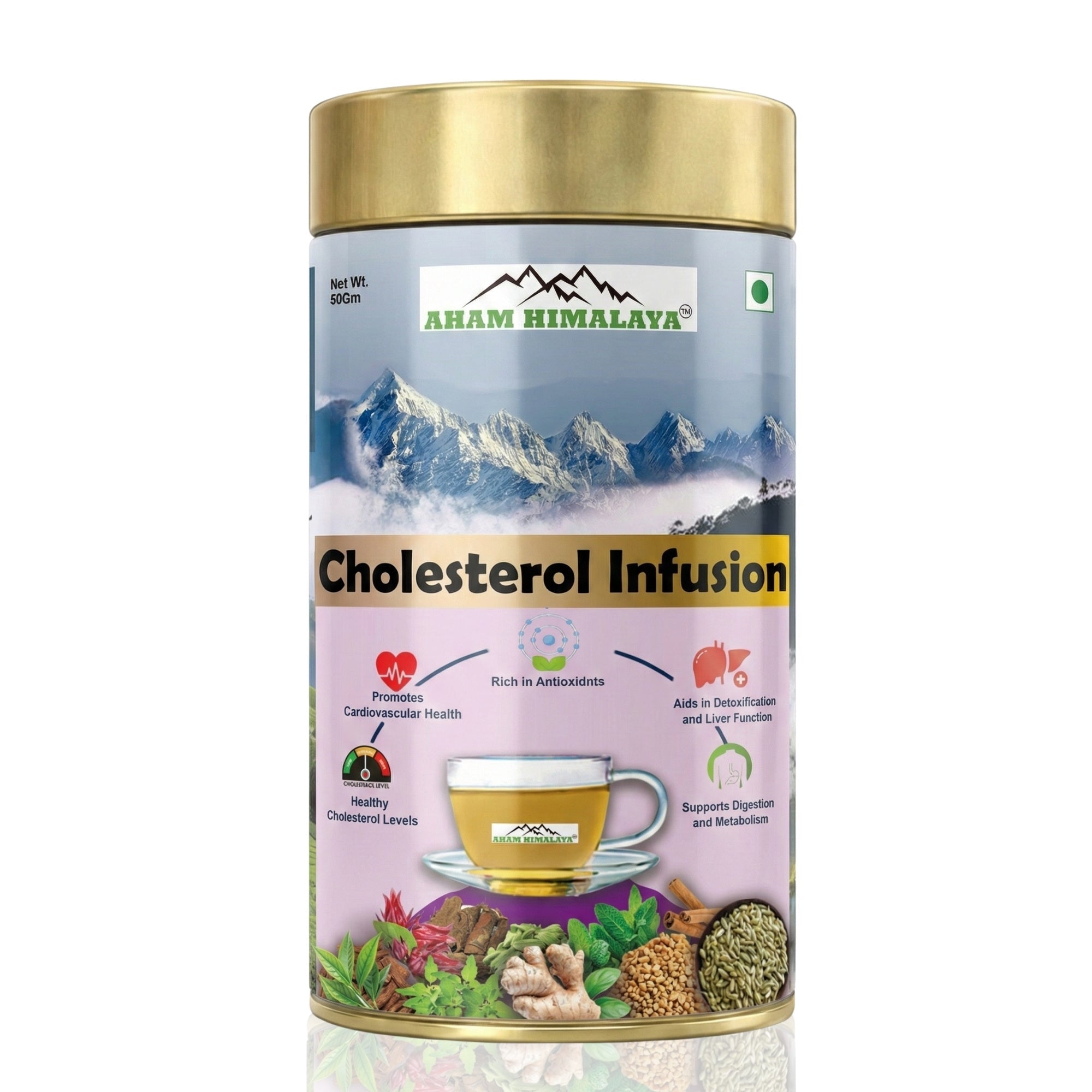 Aham Himalaya Cholesterol Care Herbal Tea | Green Tea, Hibiscus, Arjun Chaal, Cinnamon & Fenugreek Blend | Supports Heart Health, LDL Reduction & Detox | Ayurvedic Herbal Infusion | 100g - Natural Organic Himalayan Products