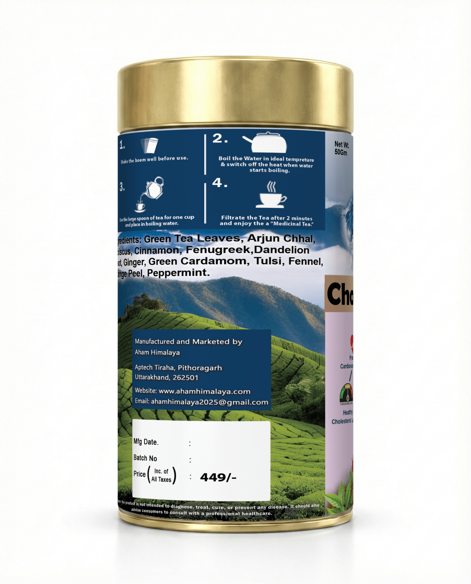 Aham Himalaya Cholesterol Care Herbal Tea | Green Tea, Hibiscus, Arjun Chaal, Cinnamon & Fenugreek Blend | Supports Heart Health, LDL Reduction & Detox | Ayurvedic Herbal Infusion | 100g - Natural Organic Himalayan Products