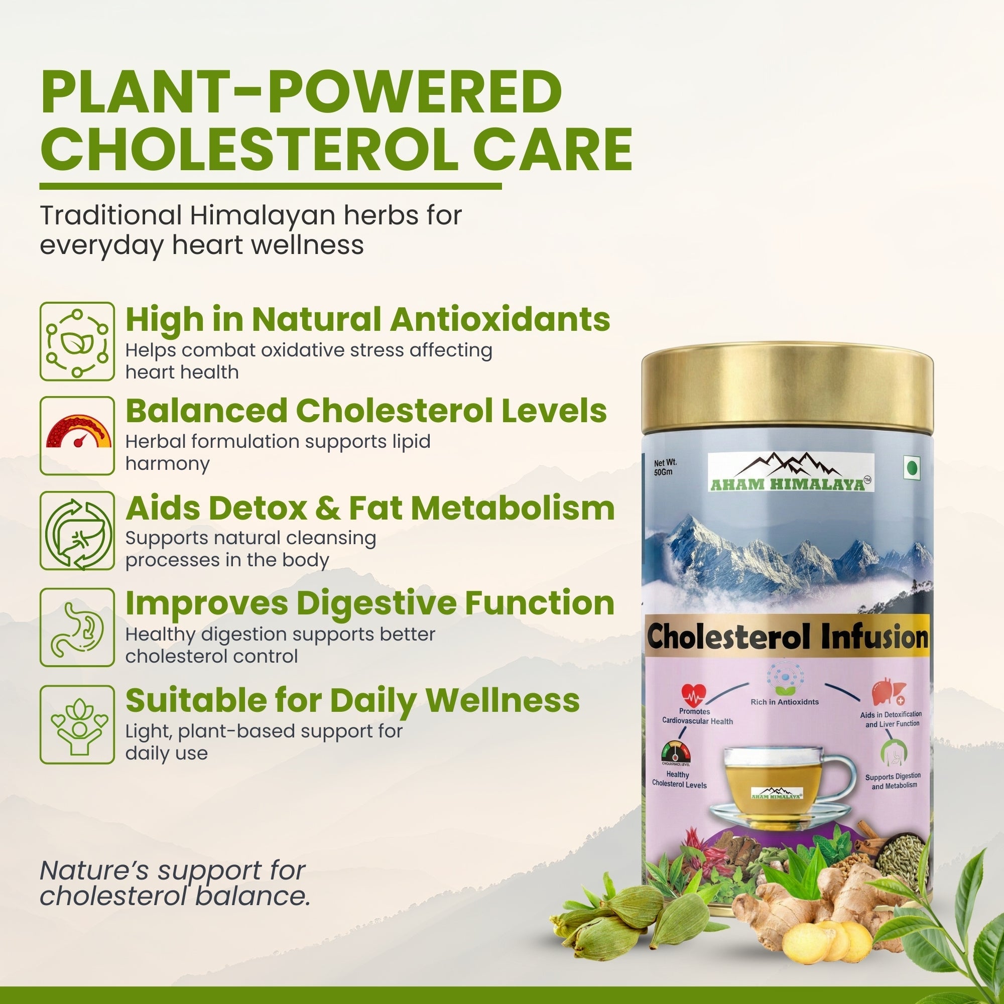 Aham Himalaya Cholesterol Care Herbal Tea | Green Tea, Hibiscus, Arjun Chaal, Cinnamon & Fenugreek Blend | Supports Heart Health, LDL Reduction & Detox | Ayurvedic Herbal Infusion | 100g - Natural Organic Himalayan Products