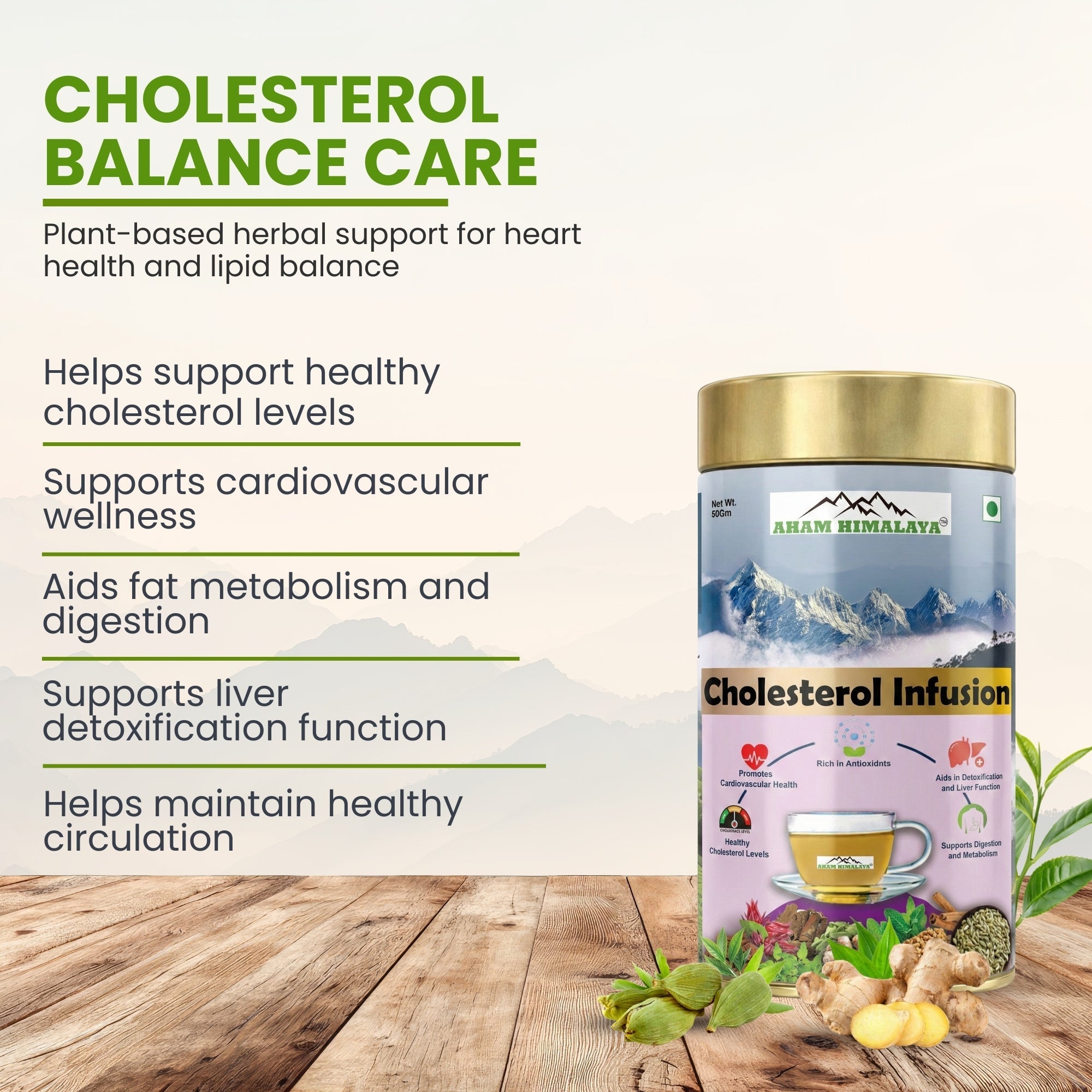 Aham Himalaya Cholesterol Care Herbal Tea | Green Tea, Hibiscus, Arjun Chaal, Cinnamon & Fenugreek Blend | Supports Heart Health, LDL Reduction & Detox | Ayurvedic Herbal Infusion | 100g - Natural Organic Himalayan Products