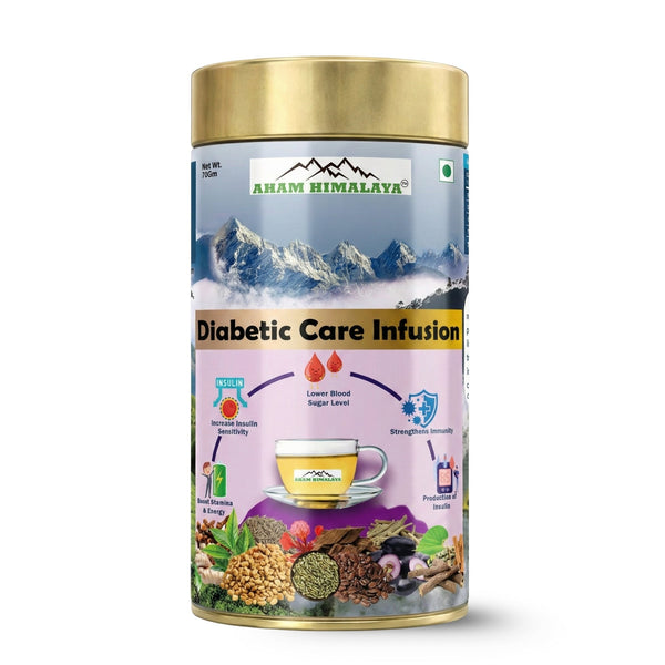 Aham Himalaya Diabetic Care Herbal Tea | Sugar Control Tea with Gymnema, Vijaysar, Jamun Seed, Giloy & Tulsi | Supports Blood Sugar Balance, Metabolism & Detox | Ayurvedic Herbal Tea | 70g - Natural Organic Himalayan Products