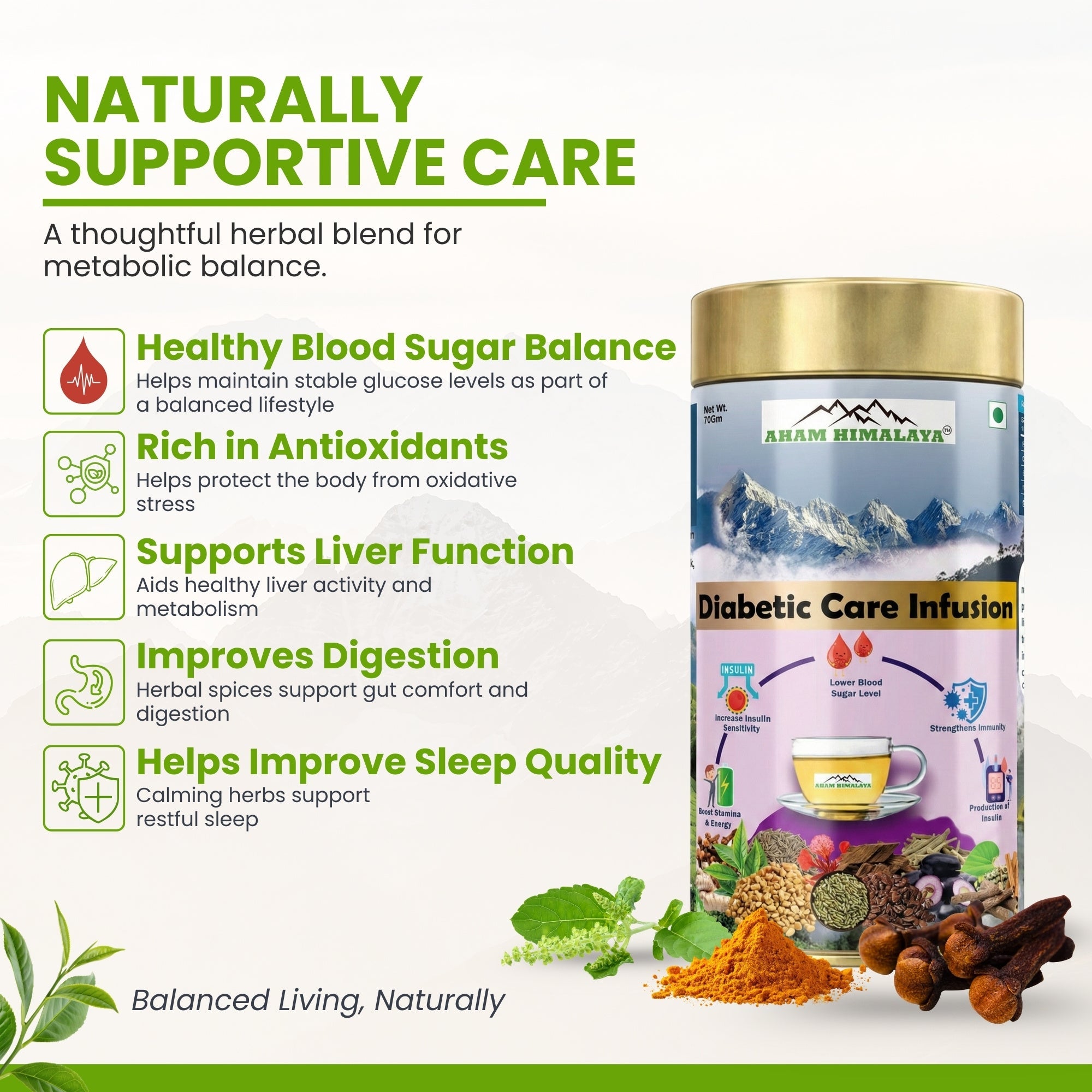 Aham Himalaya Diabetic Care Herbal Tea | Sugar Control Tea with Gymnema, Vijaysar, Jamun Seed, Giloy & Tulsi | Supports Blood Sugar Balance, Metabolism & Detox | Ayurvedic Herbal Tea | 70g - Natural Organic Himalayan Products