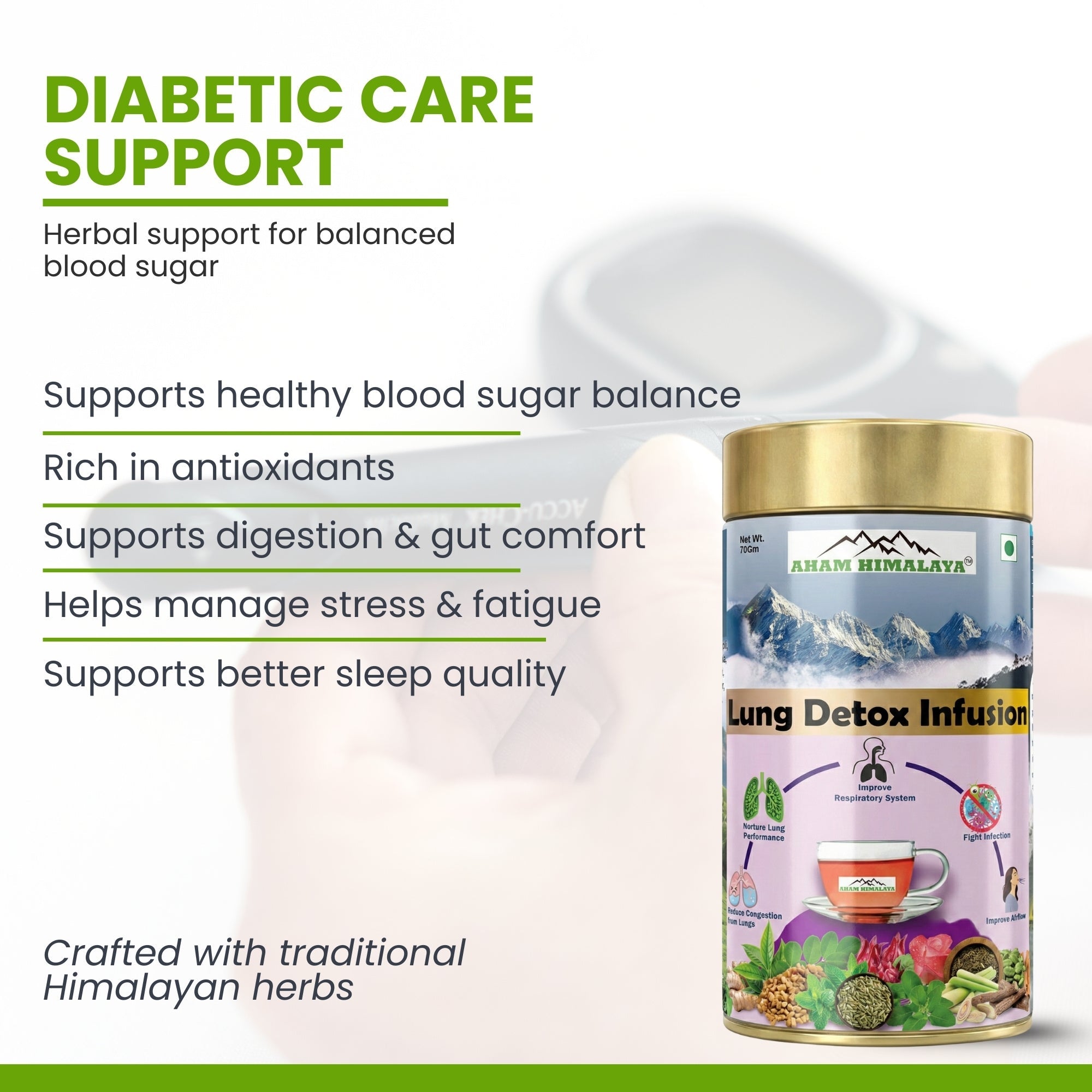 Aham Himalaya Diabetic Care Herbal Tea | Sugar Control Tea with Gymnema, Vijaysar, Jamun Seed, Giloy & Tulsi | Supports Blood Sugar Balance, Metabolism & Detox | Ayurvedic Herbal Tea | 70g - Natural Organic Himalayan Products