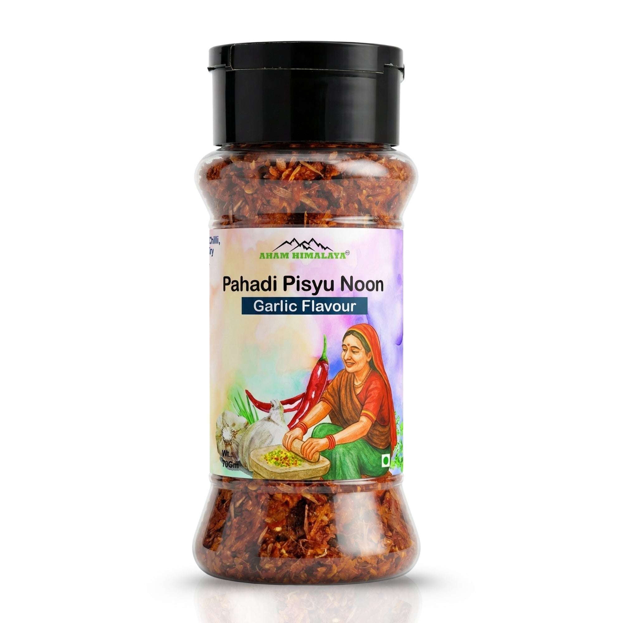 AHAM HIMALAYA Handgrounded Garlic Himalayan Flavored Salt - 70g | Organic Pahadi Namak Seasoning | Pisyu Loon Seasoning Mix for Popcorn, Salad, Raita, Snacks | No Preservatives & Chemicals - Natural Organic Himalayan Products