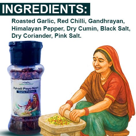 AHAM HIMALAYA Handgrounded Garlic Himalayan Flavored Salt - 70g | Organic Pahadi Namak Seasoning | Pisyu Loon Seasoning Mix for Popcorn, Salad, Raita, Snacks | No Preservatives & Chemicals - Natural Organic Himalayan Products