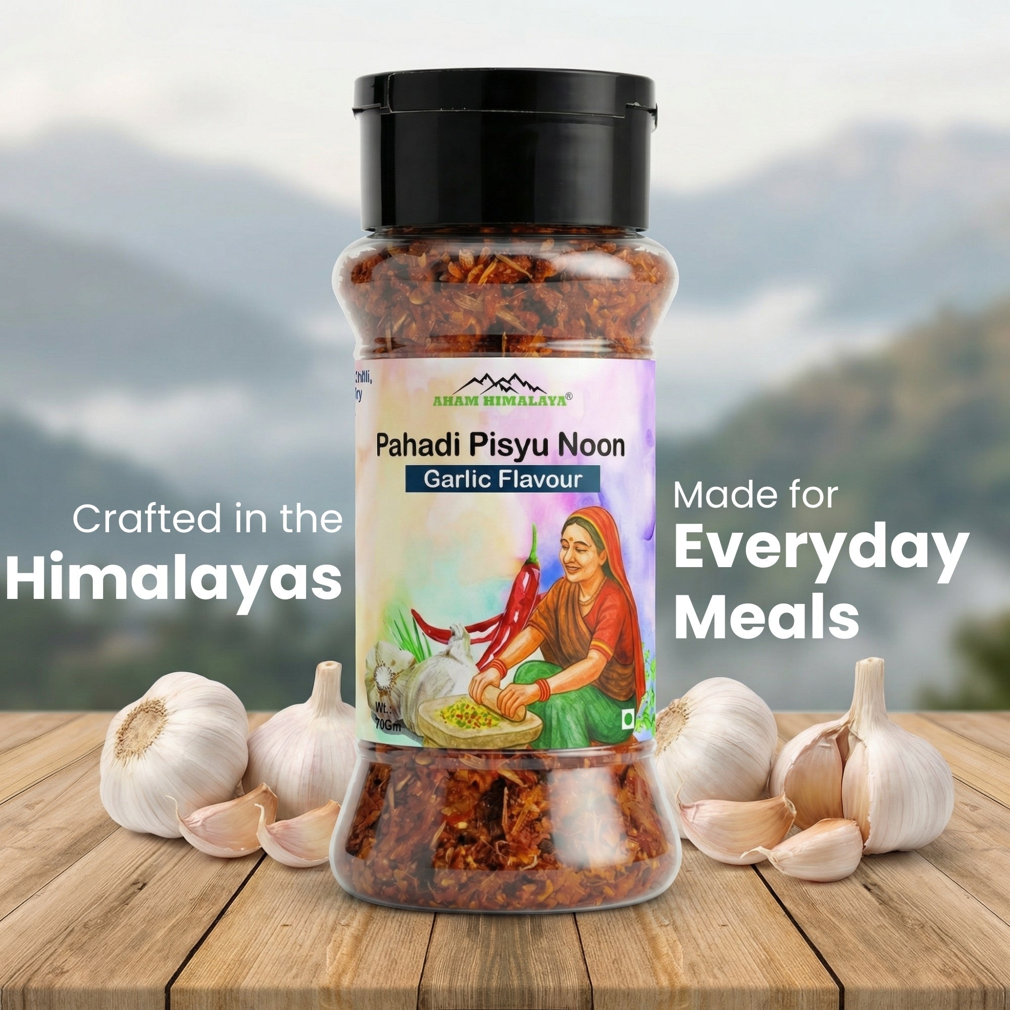 AHAM HIMALAYA Handgrounded Garlic Himalayan Flavored Salt - 70g | Organic Pahadi Namak Seasoning | Pisyu Loon Seasoning Mix for Popcorn, Salad, Raita, Snacks | No Preservatives & Chemicals - Natural Organic Himalayan Products