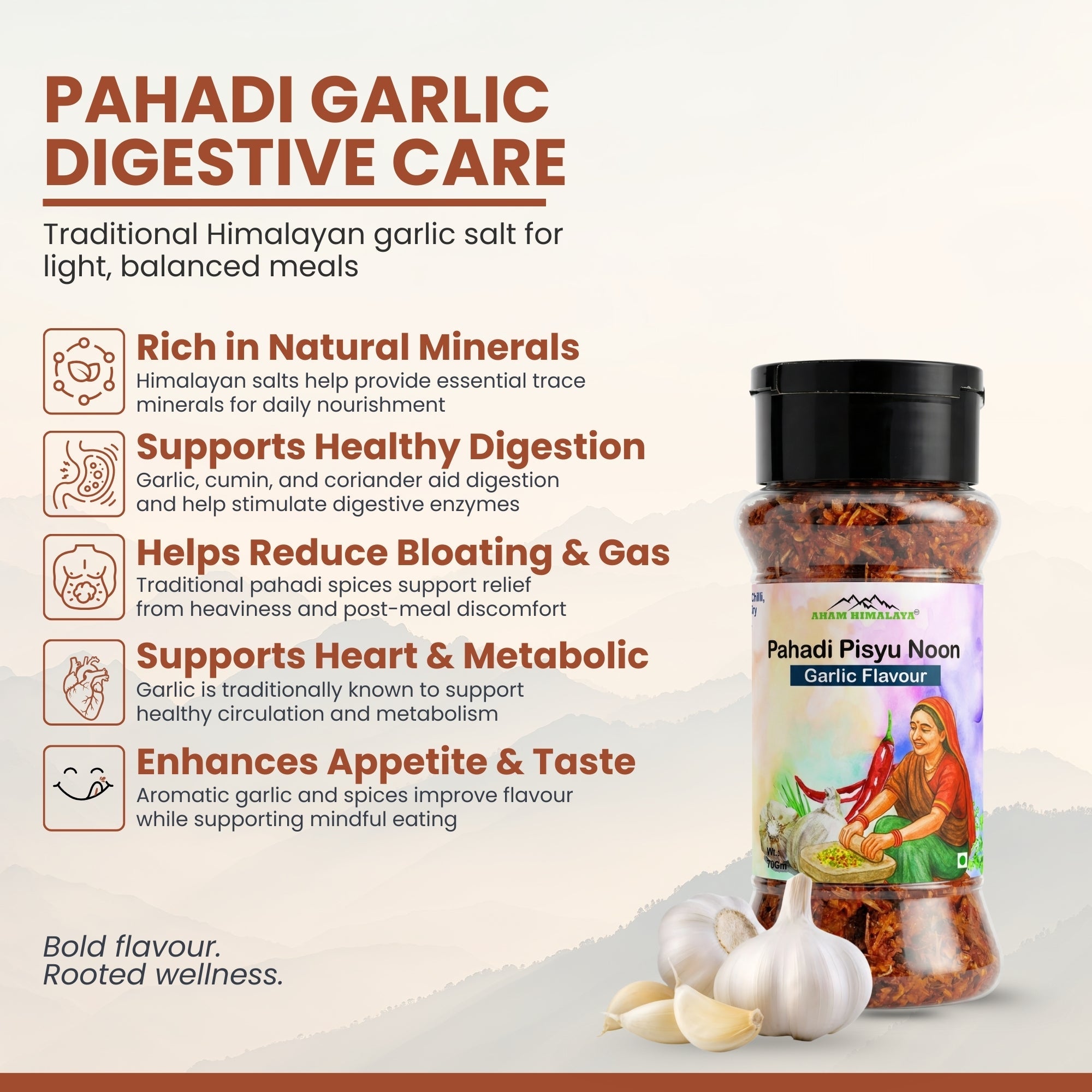 AHAM HIMALAYA Handgrounded Garlic Himalayan Flavored Salt - 70g | Organic Pahadi Namak Seasoning | Pisyu Loon Seasoning Mix for Popcorn, Salad, Raita, Snacks | No Preservatives & Chemicals - Natural Organic Himalayan Products