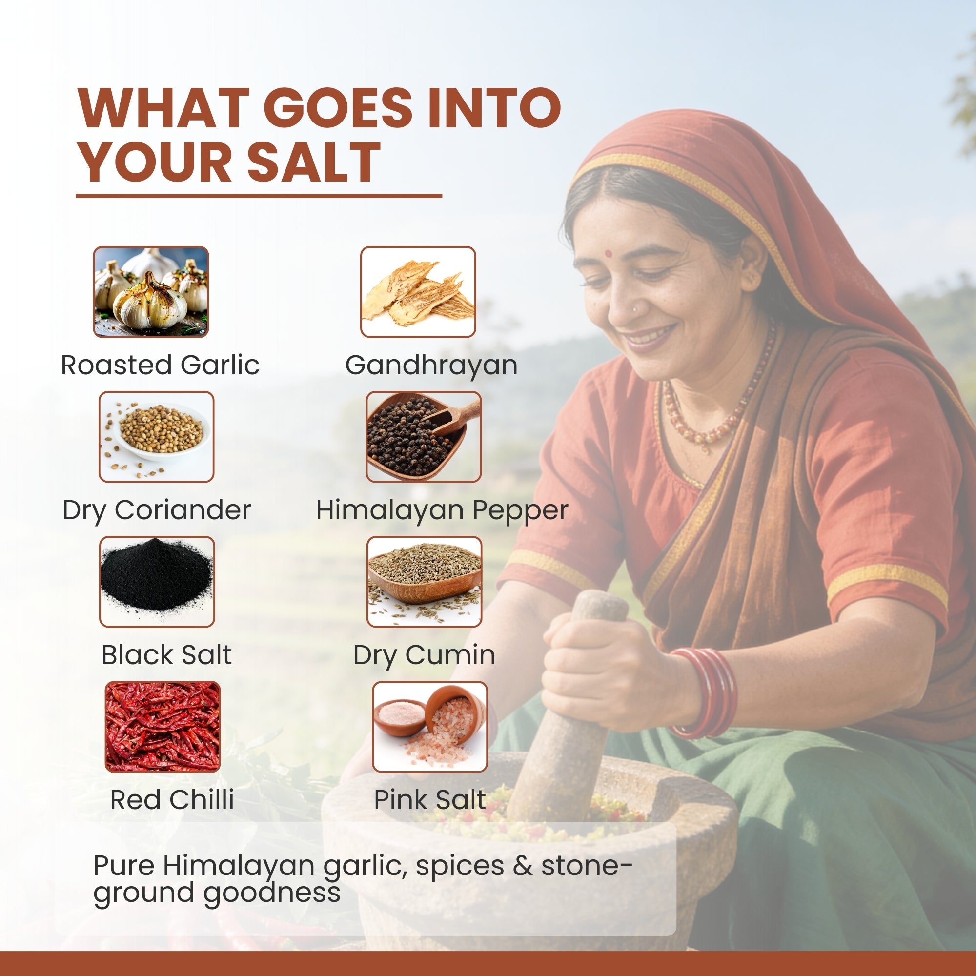 AHAM HIMALAYA Handgrounded Garlic Himalayan Flavored Salt - 70g | Organic Pahadi Namak Seasoning | Pisyu Loon Seasoning Mix for Popcorn, Salad, Raita, Snacks | No Preservatives & Chemicals - Natural Organic Himalayan Products
