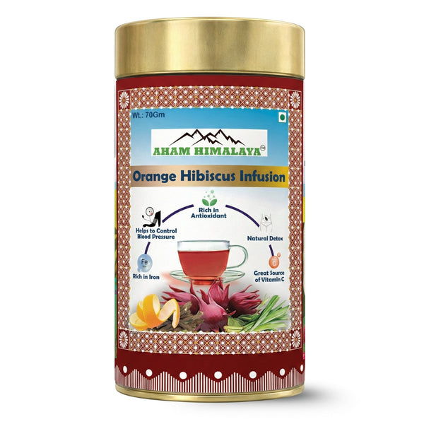 AHAM HIMALAYA Hibiscus Infusion with Orange Flavour| Orange Hibiscus Infusion| Skin Glow Enhancing | Rich in Vitamin C| Orange Peels| Tangy Flavour| Flower Based Tea| 70gm Loose Leaves - Natural Organic Himalayan Products