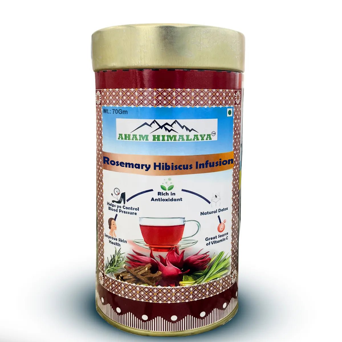 AHAM HIMALAYA Hibiscus Infusion with Rosemary Flavour| Rosemary Hibiscus Infusion| Skin Glow Enhancing | Good for Hairs| And Rduce Stress| Tangy Flavour| Flower Based Tea| 70gm Loose Leaves - Natural Organic Himalayan Products