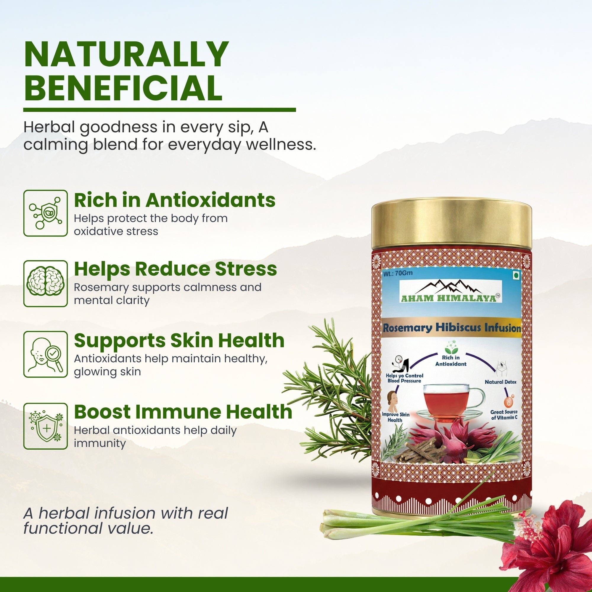 AHAM HIMALAYA Hibiscus Infusion with Rosemary Flavour| Rosemary Hibiscus Infusion| Skin Glow Enhancing | Good for Hairs| And Rduce Stress| Tangy Flavour| Flower Based Tea| 70gm Loose Leaves - Natural Organic Himalayan Products