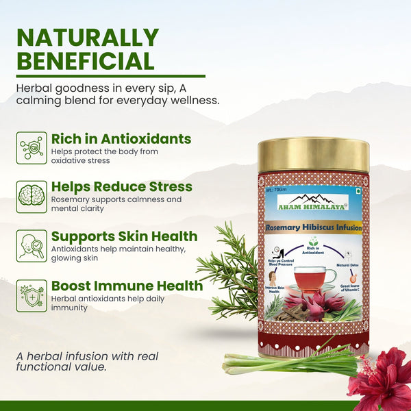 AHAM HIMALAYA Hibiscus Infusion with Rosemary Flavour| Rosemary Hibiscus Infusion| Skin Glow Enhancing | Good for Hairs| And Rduce Stress| Tangy Flavour| Flower Based Tea| 70gm Loose Leaves - Natural Organic Himalayan Products