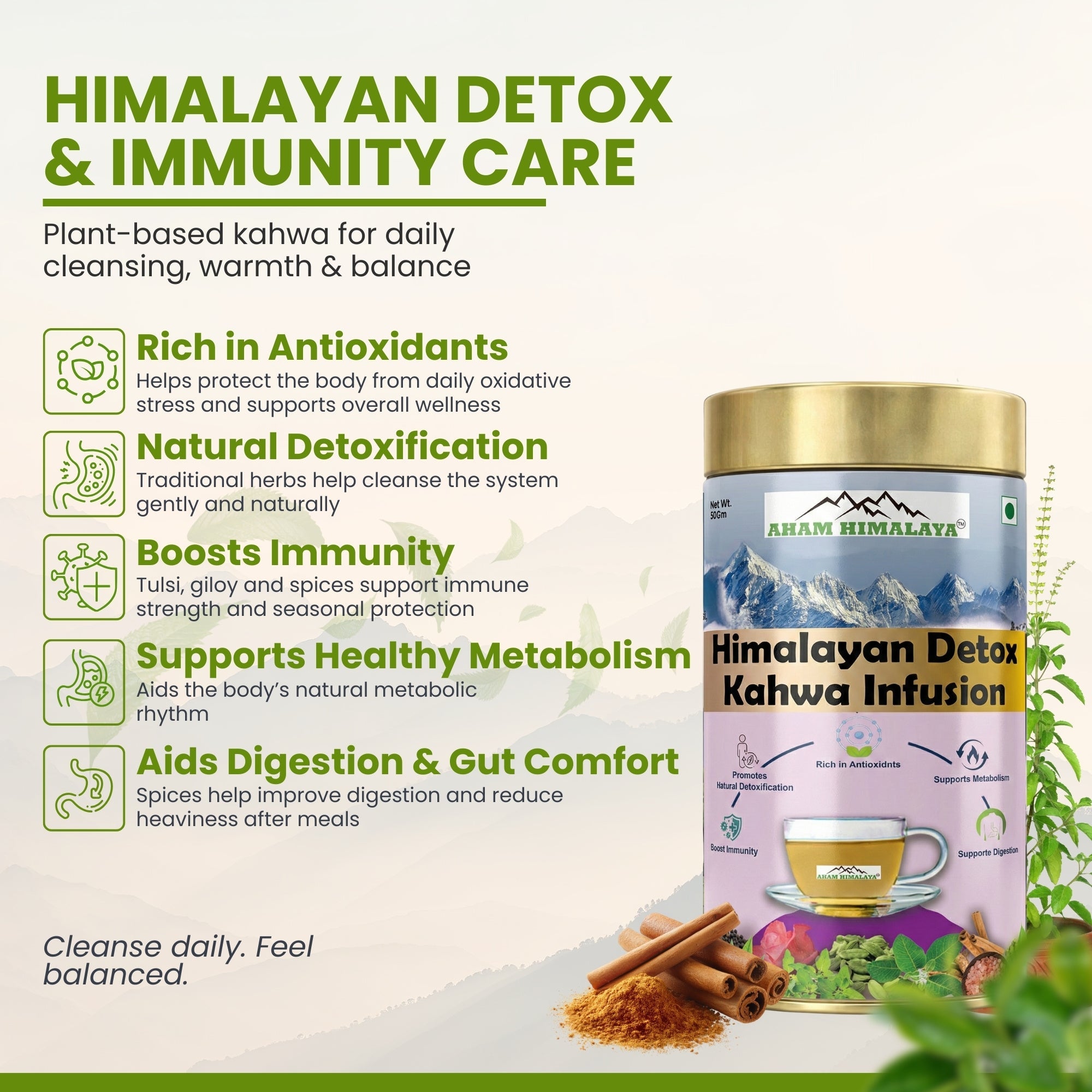 Aham Himalaya Himalayan Detox Kahwa Tea | Noon Chai Herbal Infusion with Green Tea, Giloy, Tulsi & Ashwagandha | Detox Tea for Immunity, Digestion & Weight Management | Kashmiri Kahwa | 70g - Natural Organic Himalayan Products