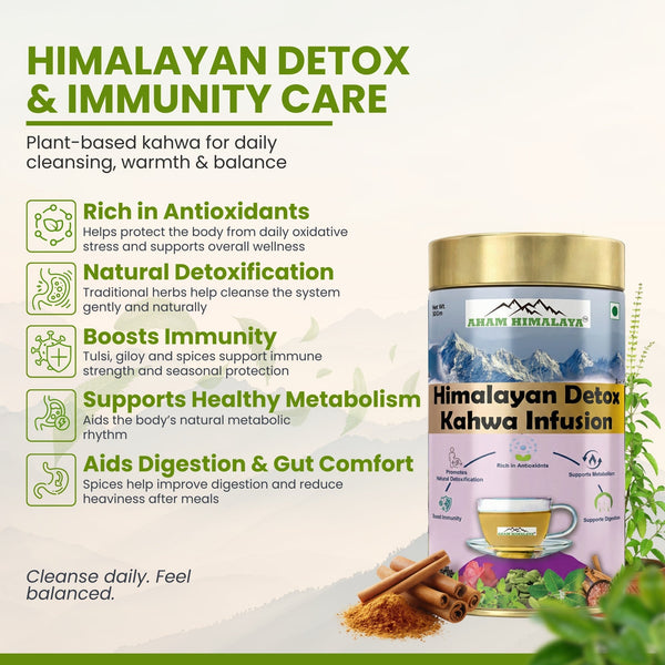 Aham Himalaya Himalayan Detox Kahwa Tea | Noon Chai Herbal Infusion with Green Tea, Giloy, Tulsi & Ashwagandha | Detox Tea for Immunity, Digestion & Weight Management | Kashmiri Kahwa | 70g - Natural Organic Himalayan Products