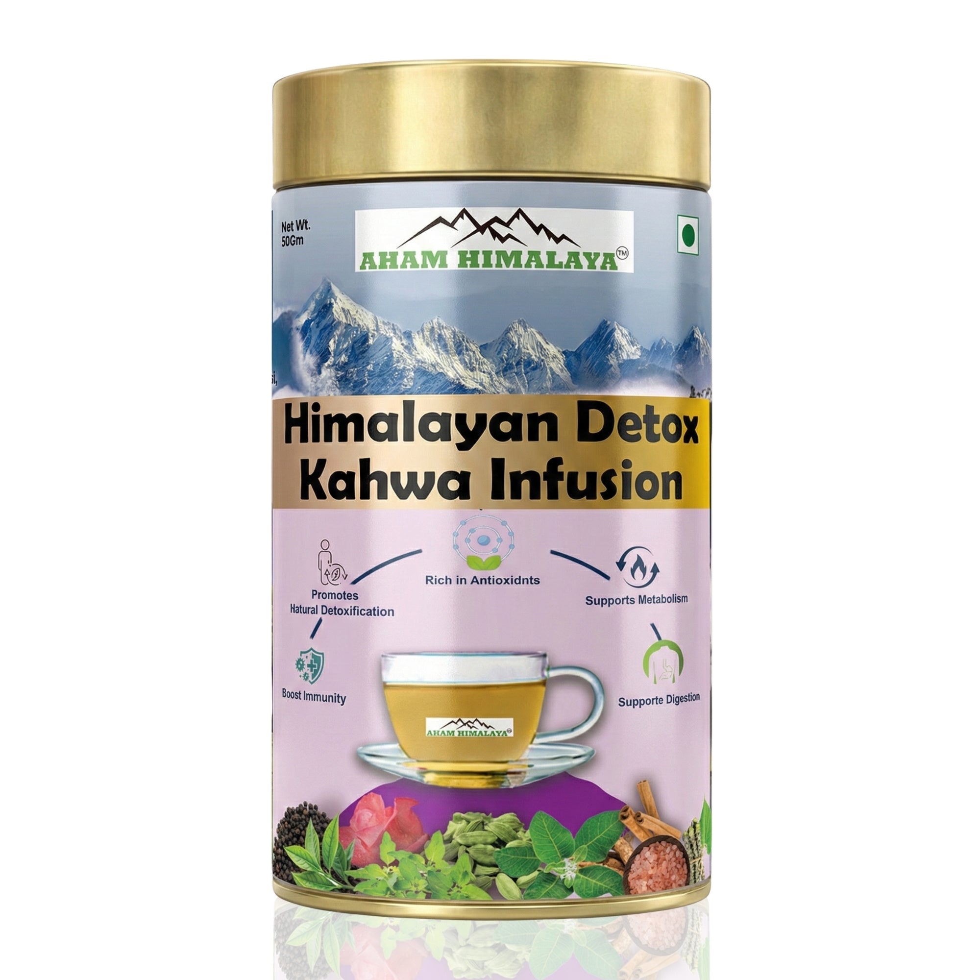 Aham Himalaya Himalayan Detox Kahwa Tea | Noon Chai Herbal Infusion with Green Tea, Giloy, Tulsi & Ashwagandha | Detox Tea for Immunity, Digestion & Weight Management | Kashmiri Kahwa | 70g - Natural Organic Himalayan Products