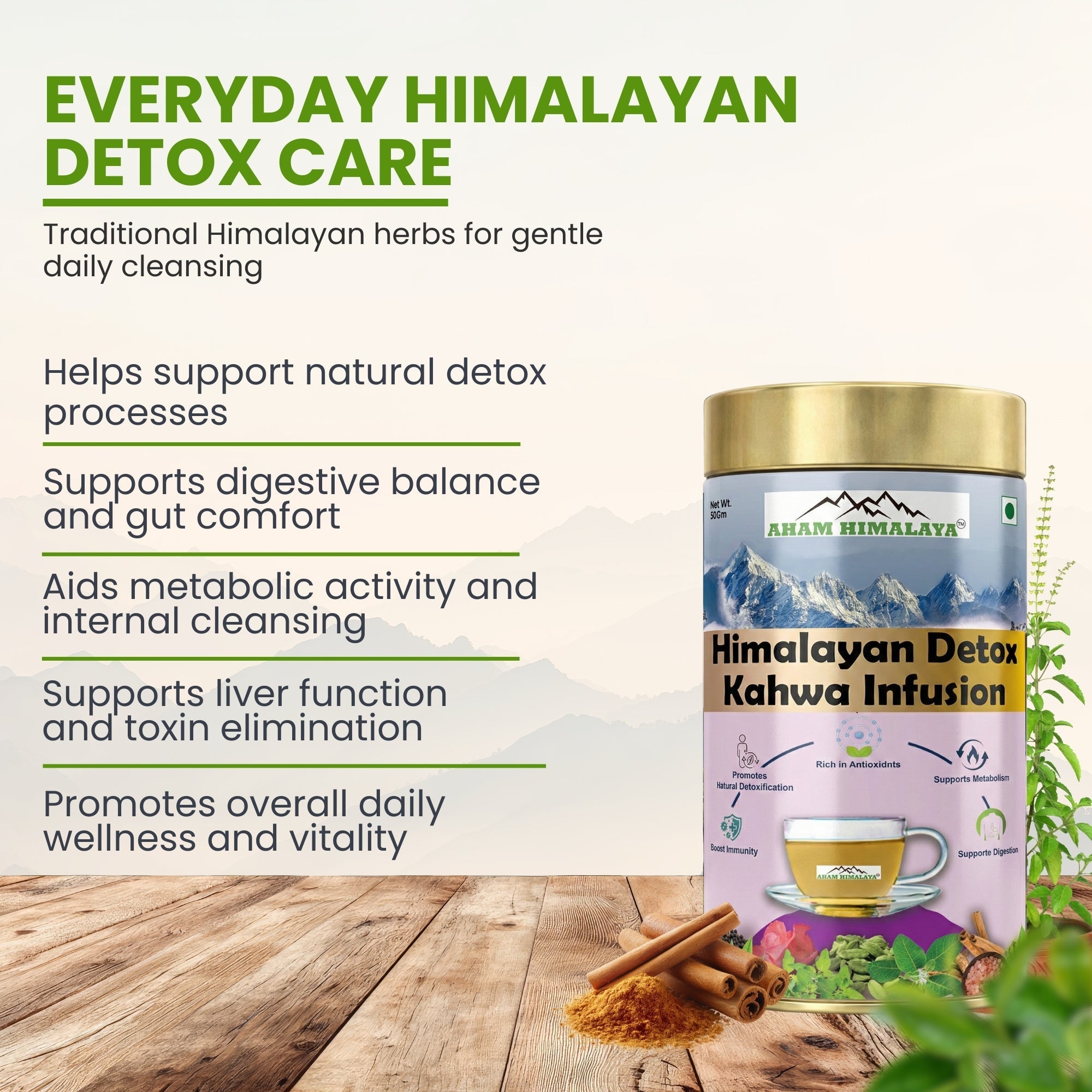Aham Himalaya Himalayan Detox Kahwa Tea | Noon Chai Herbal Infusion with Green Tea, Giloy, Tulsi & Ashwagandha | Detox Tea for Immunity, Digestion & Weight Management | Kashmiri Kahwa | 70g - Natural Organic Himalayan Products