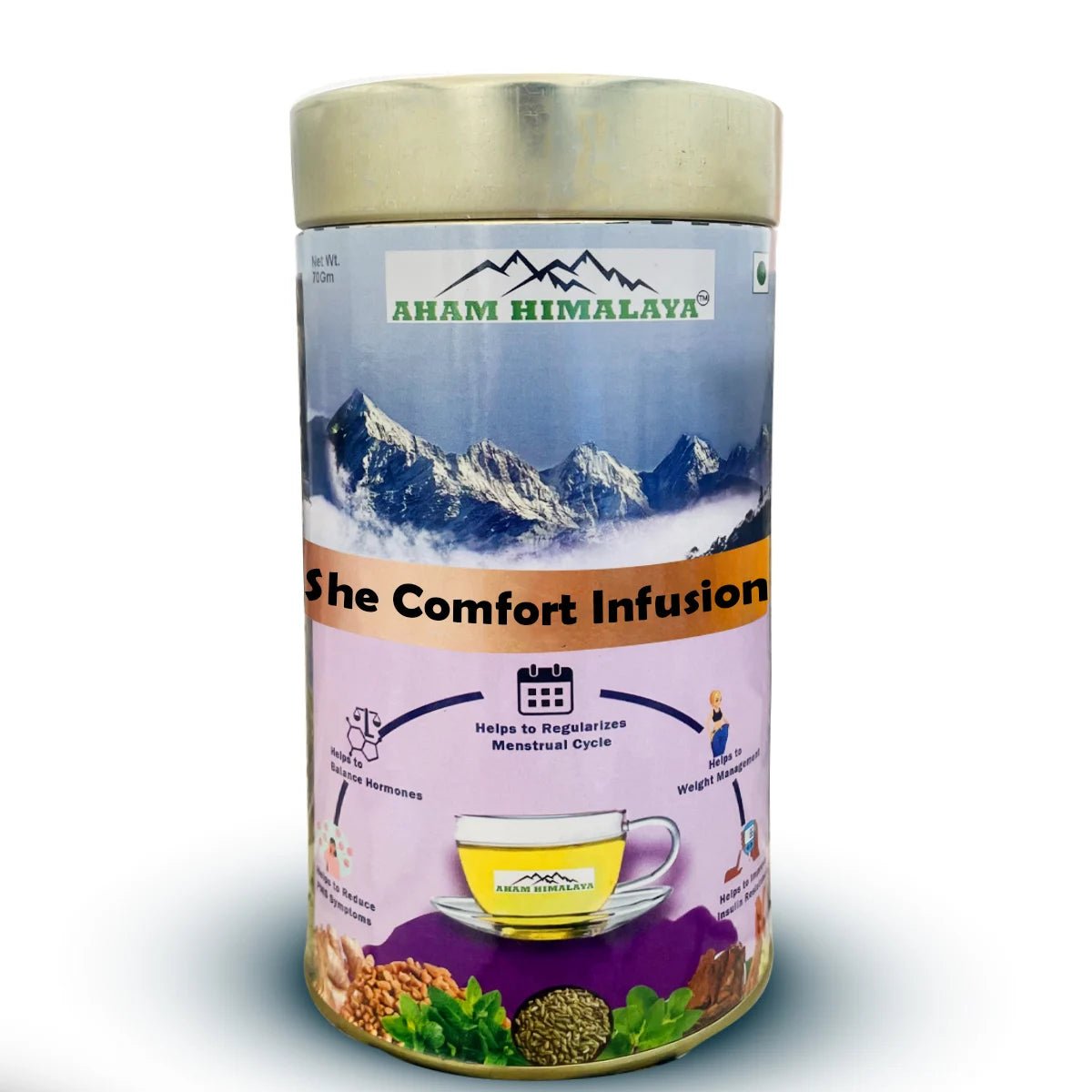 AHAM HIMALAYA Himalayan Infusion | She Comfort Tea | PCOS Infusion for women | Loaded with Himalayan Herbs (Shatavari and Ashoka) for Hormonal Balance & Better Period Cycle 70Grams - Natural Organic Himalayan Products