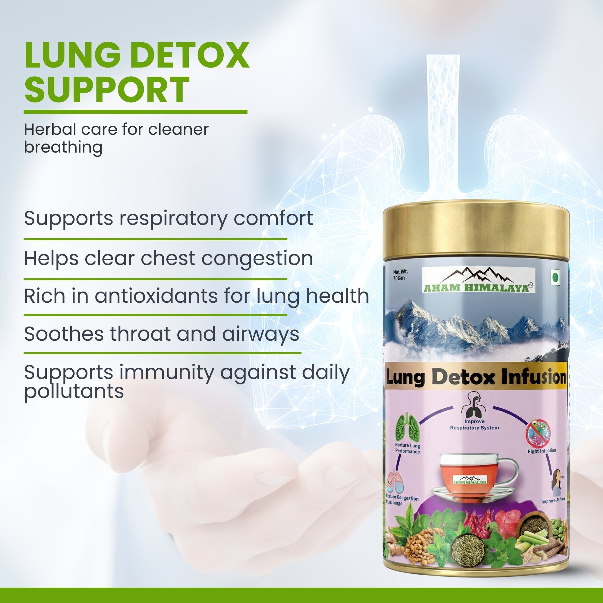 Aham Himalaya Lungs Detox Herbal Tea (Anti Smoking Tea) | Lung Cleansing Tea with Tulsi, Mulethi, Ginger, Green Tea & Ashwagandha | Supports Respiratory Health, Cough Relief & Immunity | Ayurvedic Detox Tea | 70g - Natural Organic Himalayan Products