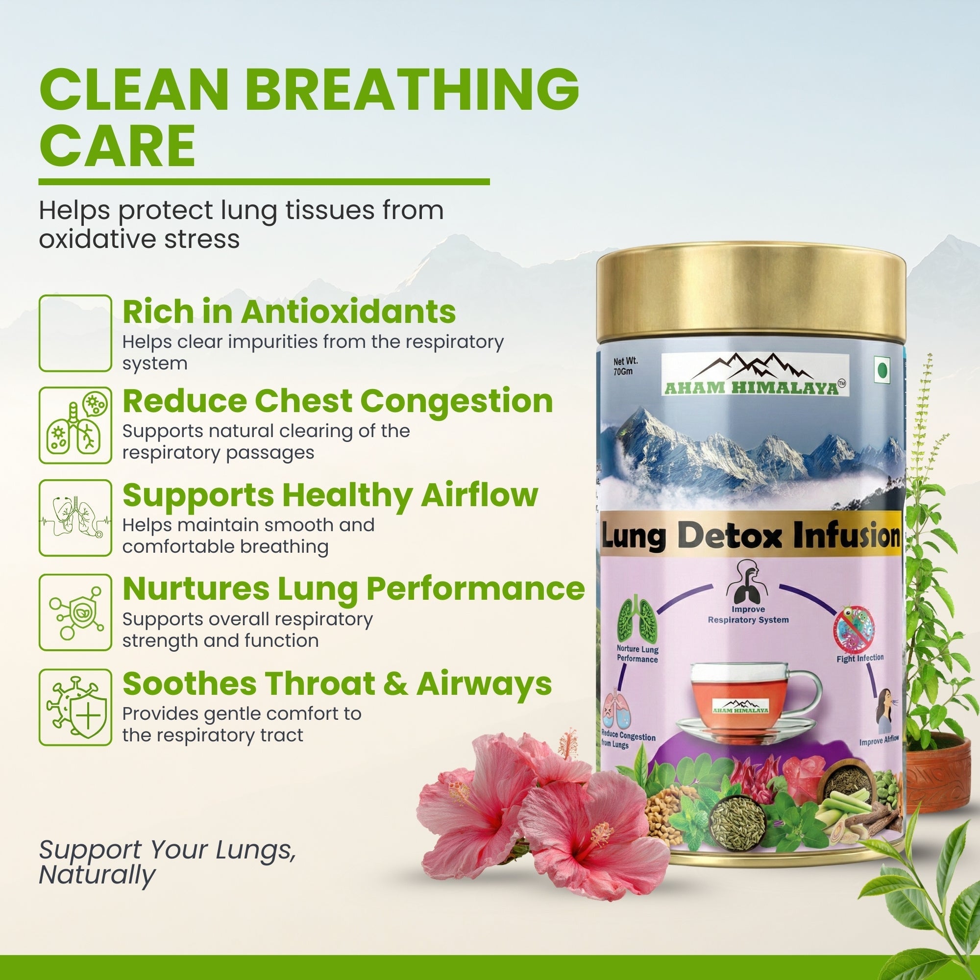 Aham Himalaya Lungs Detox Herbal Tea (Anti Smoking Tea) | Lung Cleansing Tea with Tulsi, Mulethi, Ginger, Green Tea & Ashwagandha | Supports Respiratory Health, Cough Relief & Immunity | Ayurvedic Detox Tea | 70g - Natural Organic Himalayan Products