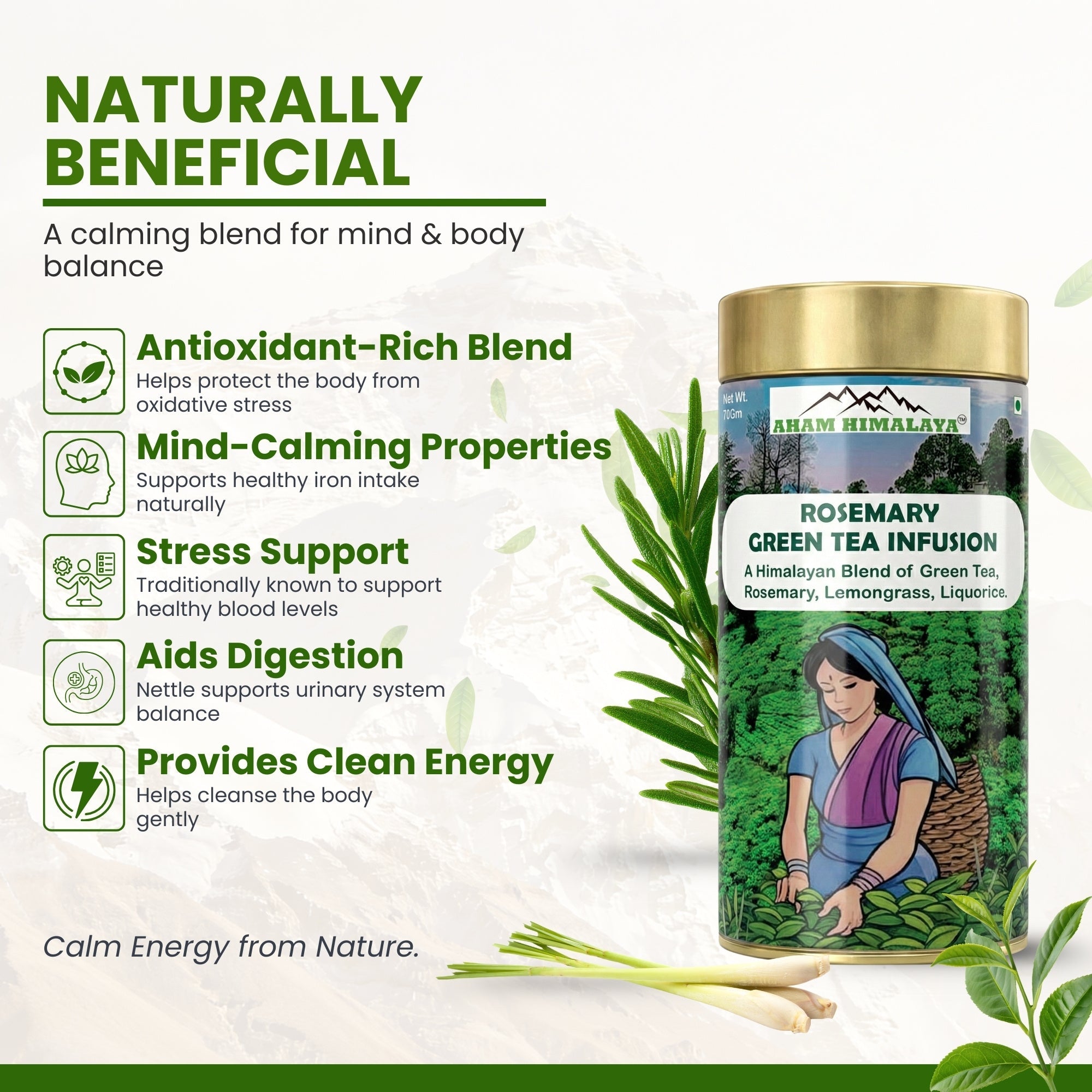 AHAM HIMALAYA Rosemary Green Tea 50 Cups | Green Tea for Glowing Skin | Rosemary for Weight Management | Pure Detox Tea & Digestive | Supports Hair Growth | Weight Loss Tea| - Natural Organic Himalayan Products
