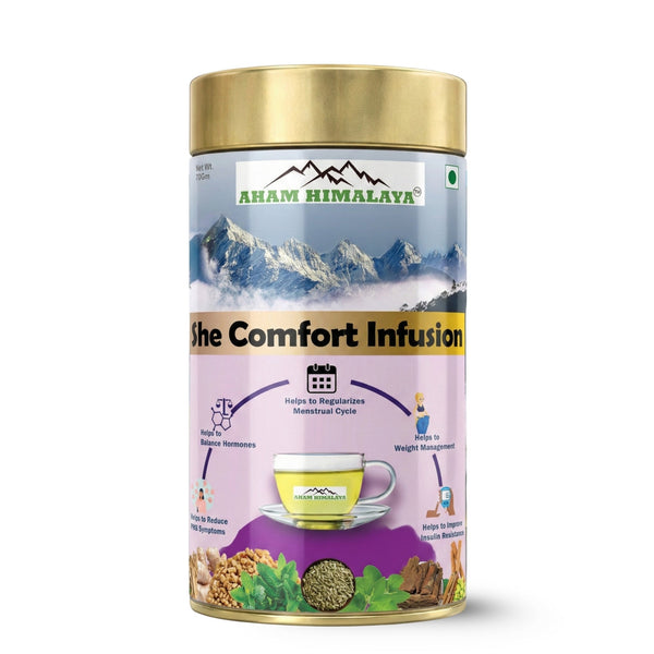 Aham Himalaya She Comfort Herbal Tea | Women Wellness Tea with Shatavari, Lodhra, Tulsi & Mulethi | Hormonal Balance, Period Comfort & PCOS Support | Ayurvedic Herbal Infusion | 70g - Natural Organic Himalayan Products
