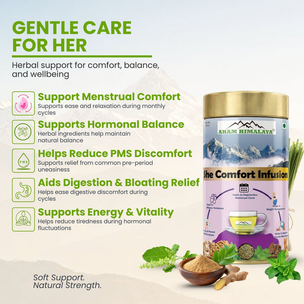 Aham Himalaya She Comfort Herbal Tea | Women Wellness Tea with Shatavari, Lodhra, Tulsi & Mulethi | Hormonal Balance, Period Comfort & PCOS Support | Ayurvedic Herbal Infusion | 70g - Natural Organic Himalayan Products