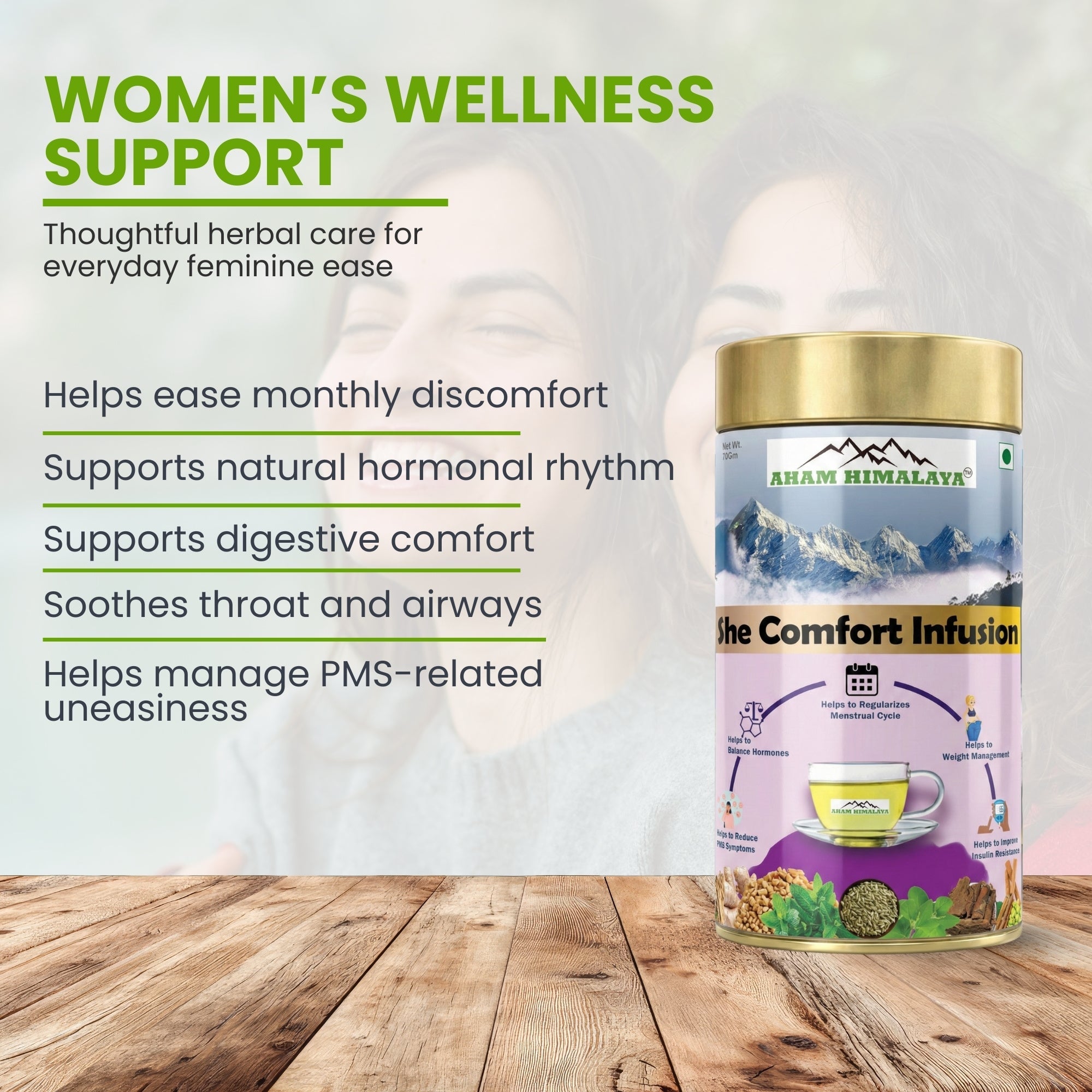 Aham Himalaya She Comfort Herbal Tea | Women Wellness Tea with Shatavari, Lodhra, Tulsi & Mulethi | Hormonal Balance, Period Comfort & PCOS Support | Ayurvedic Herbal Infusion | 70g - Natural Organic Himalayan Products