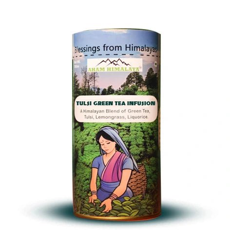 AHAM HIMALAYA Tulsi Green Tea Loose Leaves| 70Gm| Herbal Blend with Green - Tea, Tulsi, Lemongrass, Liquorice, Supports Digestion, Refreshing Taste, Natural Ingredients - Natural Organic Himalayan Products