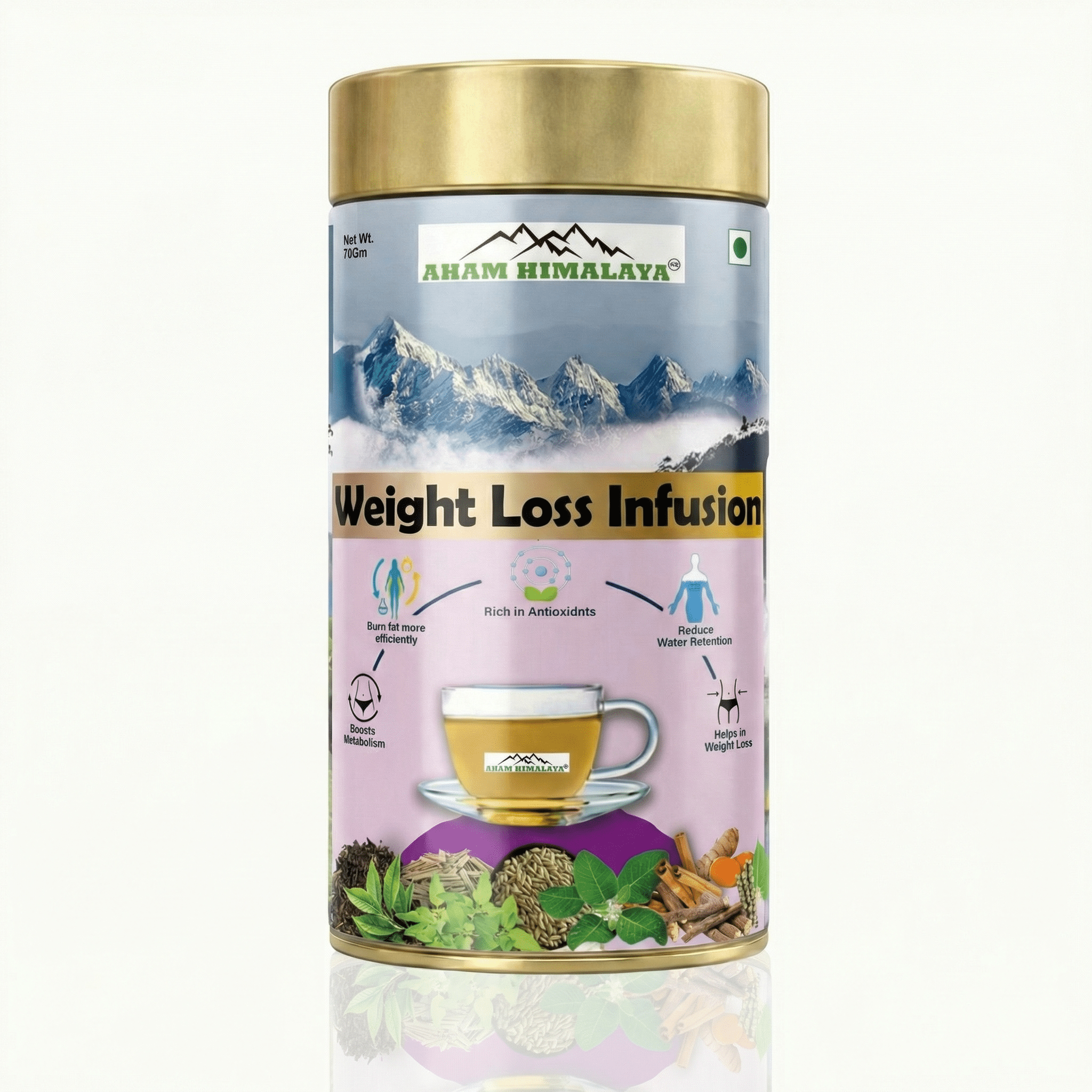 Aham Himalaya Weight Loss Herbal Tea | Fat Burning Tea with Oolong Tea, Tulsi, Ginger & Cinnamon | Belly Fat Reduction, Metabolism Booster & Detox Tea | Ayurvedic Slimming Tea | 70g - Natural Organic Himalayan Products