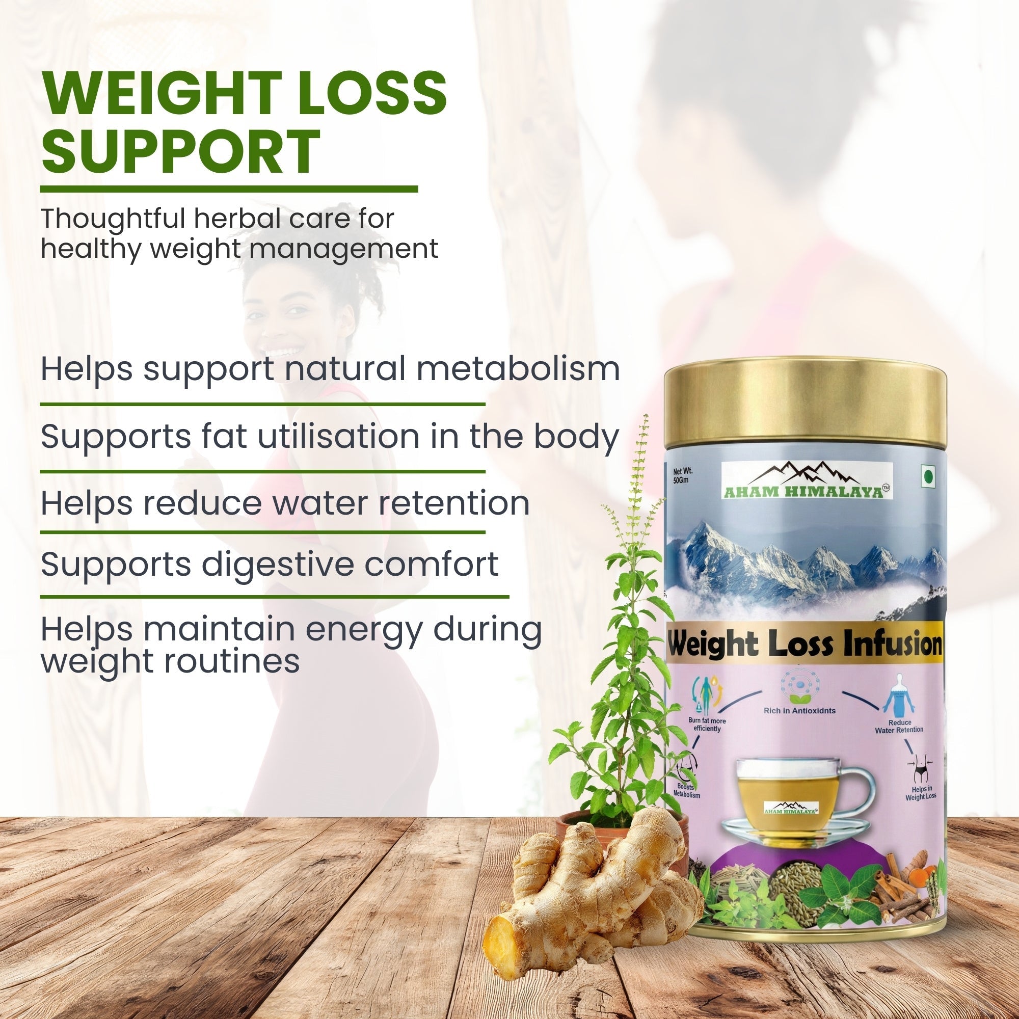 Aham Himalaya Weight Loss Herbal Tea | Fat Burning Tea with Oolong Tea, Tulsi, Ginger & Cinnamon | Belly Fat Reduction, Metabolism Booster & Detox Tea | Ayurvedic Slimming Tea | 70g - Natural Organic Himalayan Products