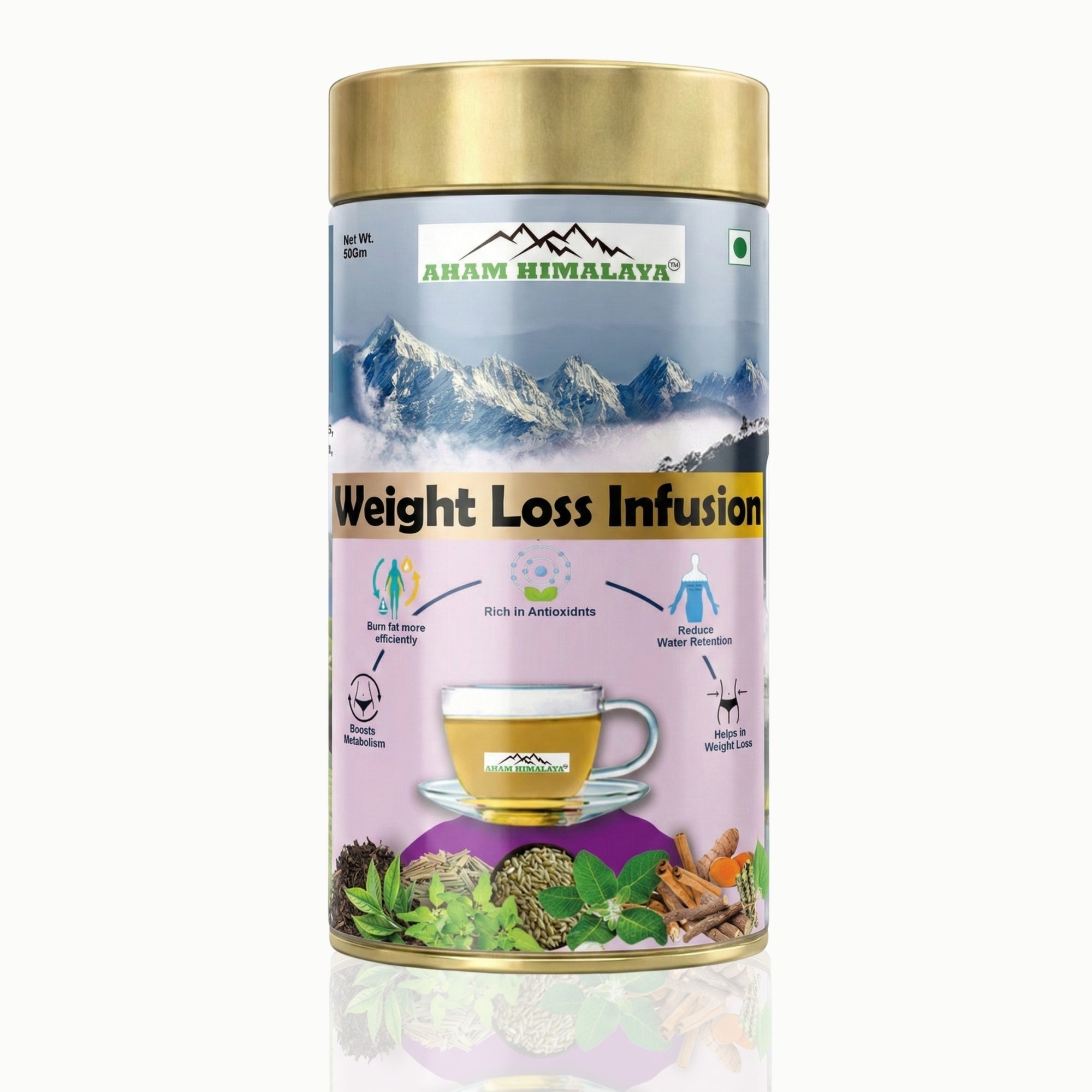 Aham Himalaya Weight Loss Herbal Tea | Fat Burning Tea with Oolong Tea, Tulsi, Ginger & Cinnamon | Belly Fat Reduction, Metabolism Booster & Detox Tea | Ayurvedic Slimming Tea | 70g - Natural Organic Himalayan Products