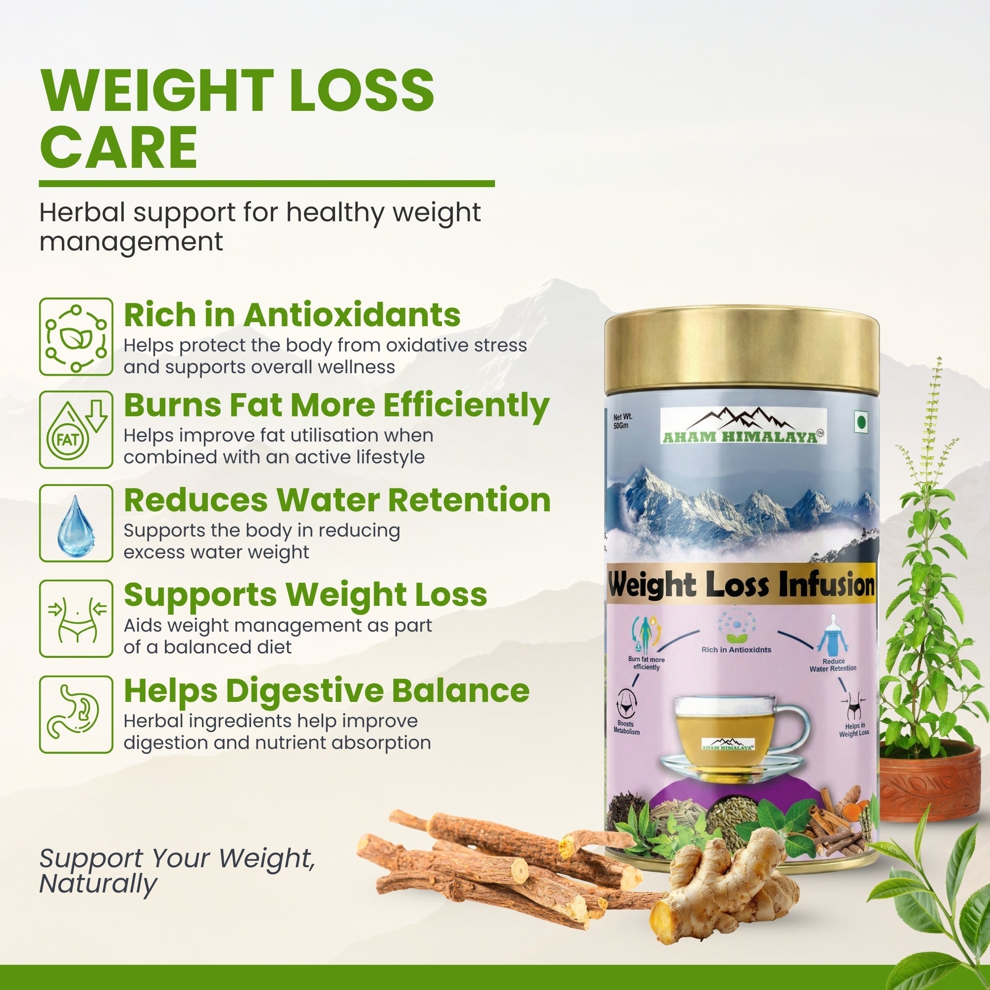 Aham Himalaya Weight Loss Herbal Tea | Fat Burning Tea with Oolong Tea, Tulsi, Ginger & Cinnamon | Belly Fat Reduction, Metabolism Booster & Detox Tea | Ayurvedic Slimming Tea | 70g - Natural Organic Himalayan Products