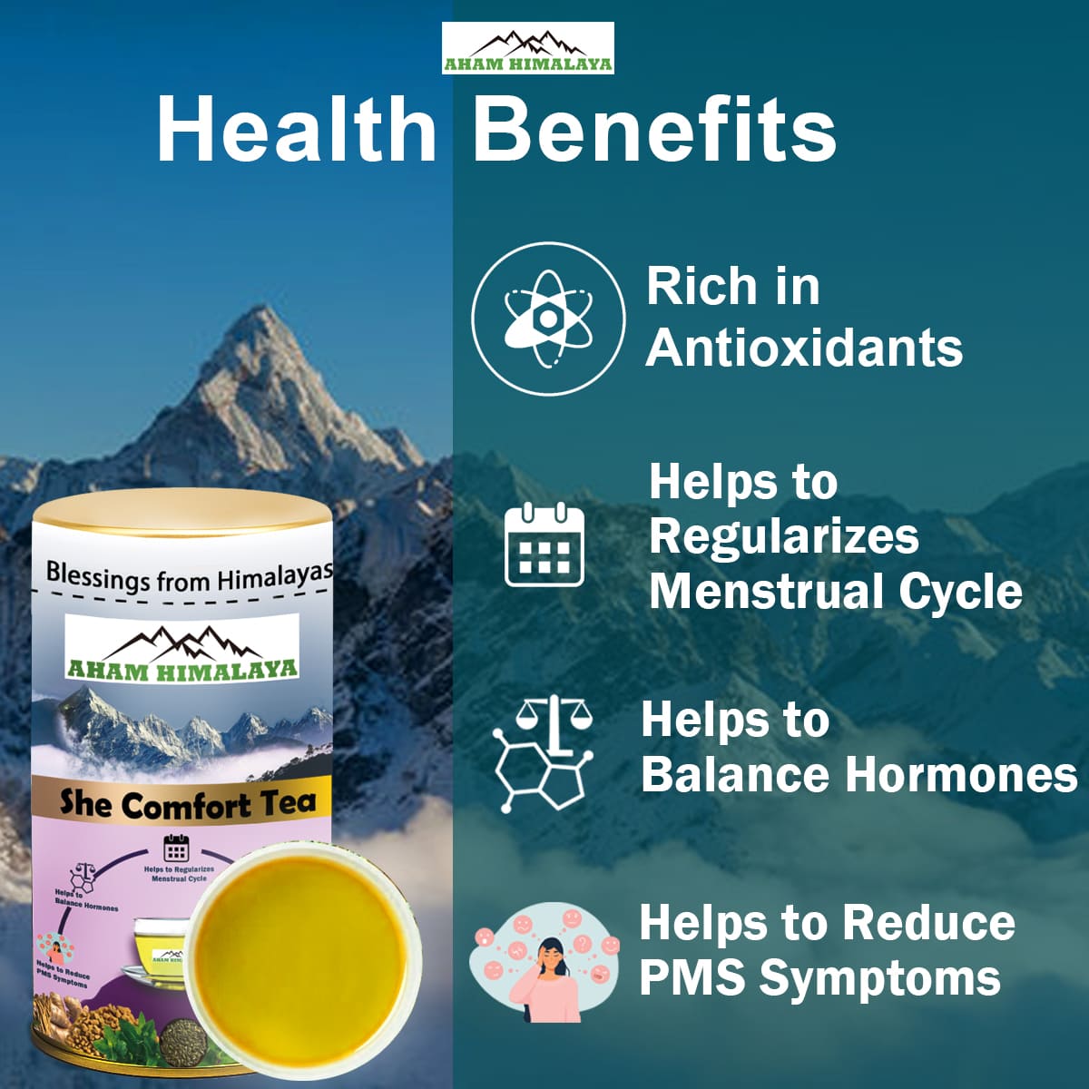 she comfort tea, herbal blend with health benefits like rich in antioxidants, regularizes menstrual cycle, balance hormones, PMS symptoms| Caffeine Free Himalayan Herbal Tea
